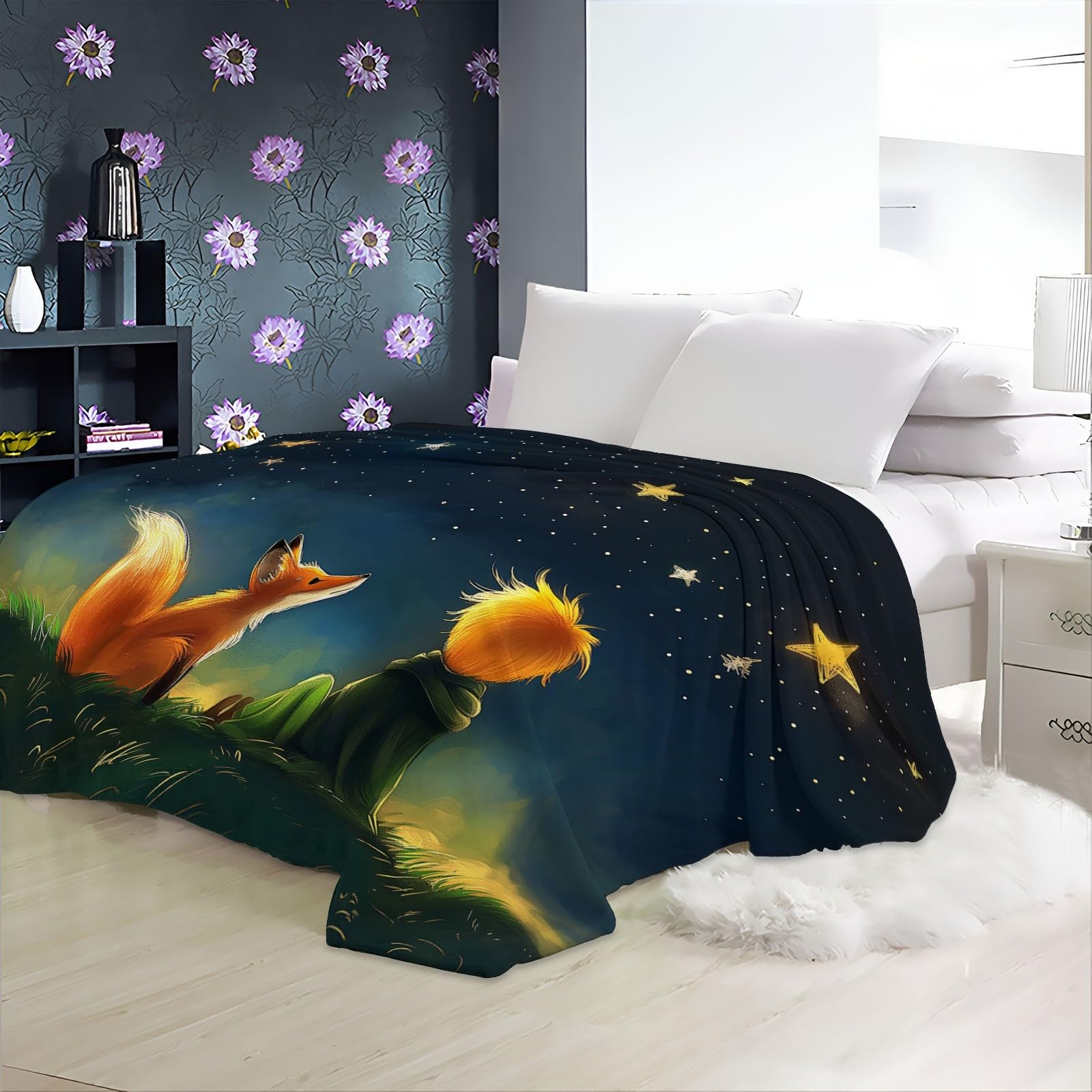 Flanell-Plüsch Kuscheldecke 150 x 200 cm - Fuchs- und Prinz-Motiv unter Sternenhimmel Muster Decken für das Winterschlafzimmer dekorativ Klimaanlagendecke Reisedecke