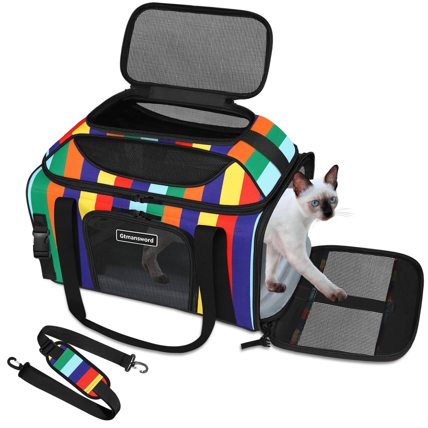 17x11x9.5 Inches Top-Expandable Pet Carrier Alaska Airline Approved, Soft Sided Carrier for Small Dog, Cat with 5-Sides Mesh Windows and Locking Safety Zippers(Rainbow)