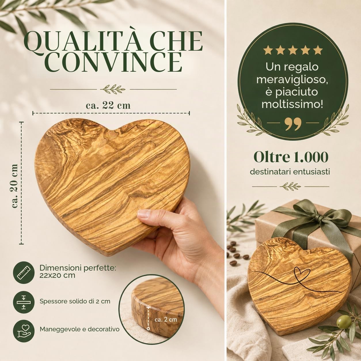 Tagliere personalizzato a forma di cuore, in legno d'ulivo rustico, con incisione come regalo personalizzato per matrimonio