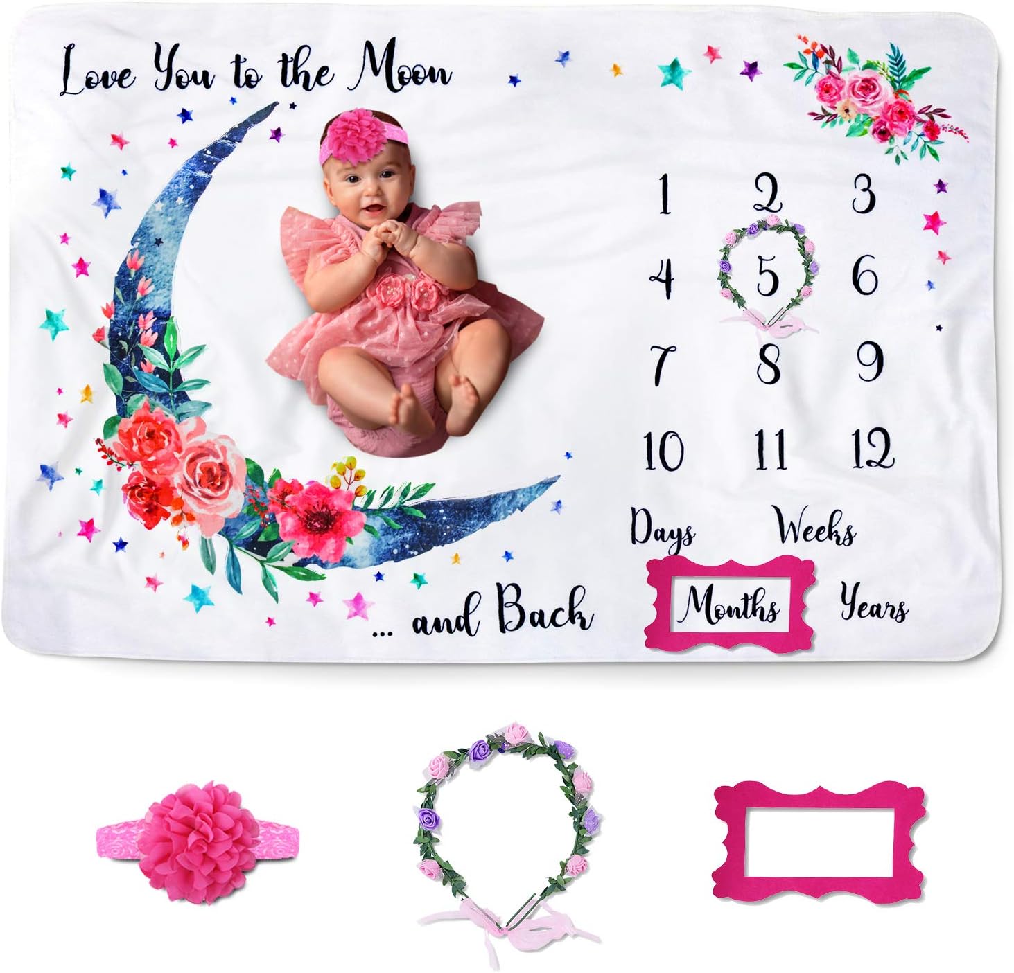 Jamie&Jayden Baby Monthly Milestone Blanket for Baby Girl, Photo Blanket for Newborn and Baby Pictures. Includes Headband, Wreath and Frame 60”x40