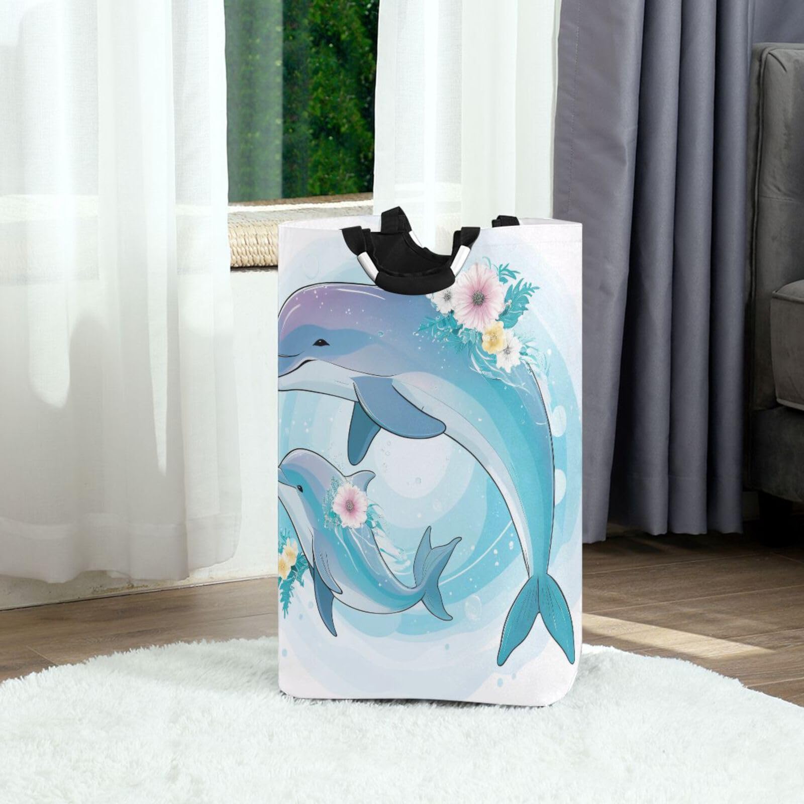 Jihqo Laundry Hamper Basket Cute Dolphin Collapsible Nursery Storage Bin Waterproof Clothing Baskets for Home Bedroom Bathroom Washing Room