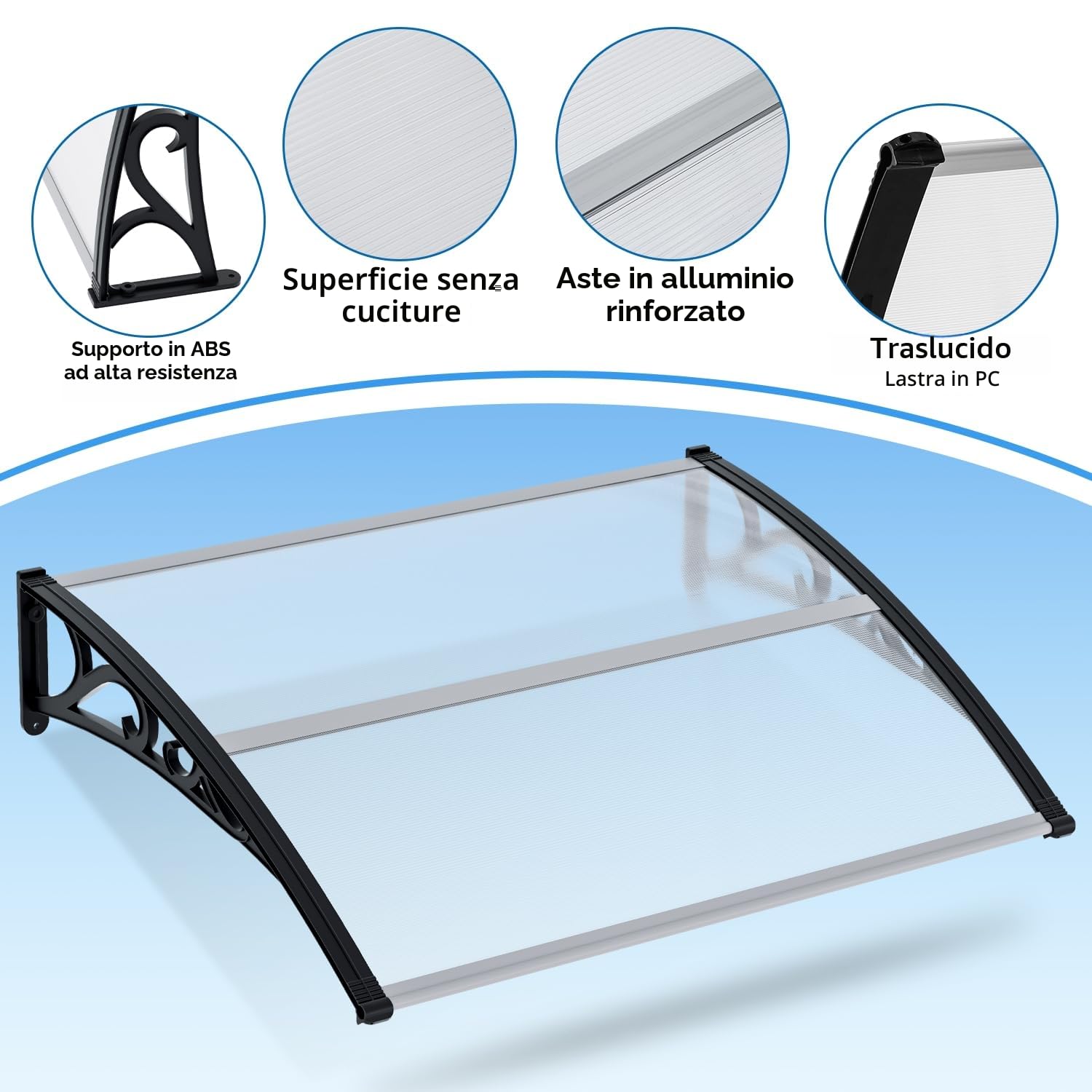 Sonnewelt Pensilina per Porta d'Ingresso 100x150 cm, Tetto in Policarbonato Alveolare 5 mm Trasparente con Struttura ABS, Tettoia ad Arco, Protezione Esterna dalla Pioggia e dal Sole
