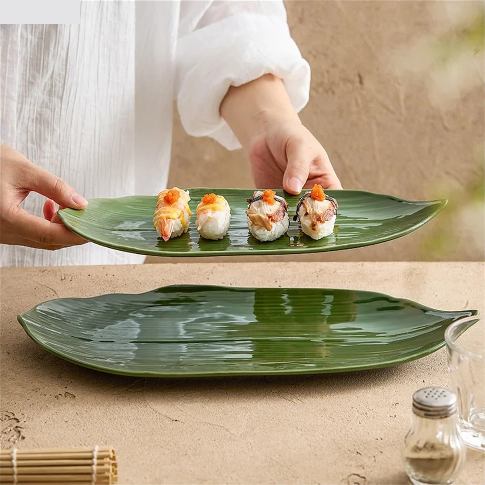 Ceramiczny talerz z zielonymi liśćmi do kuchni japońskiej, sushi, potraw molekularnych, do serwowania deserów (31,2 cm)