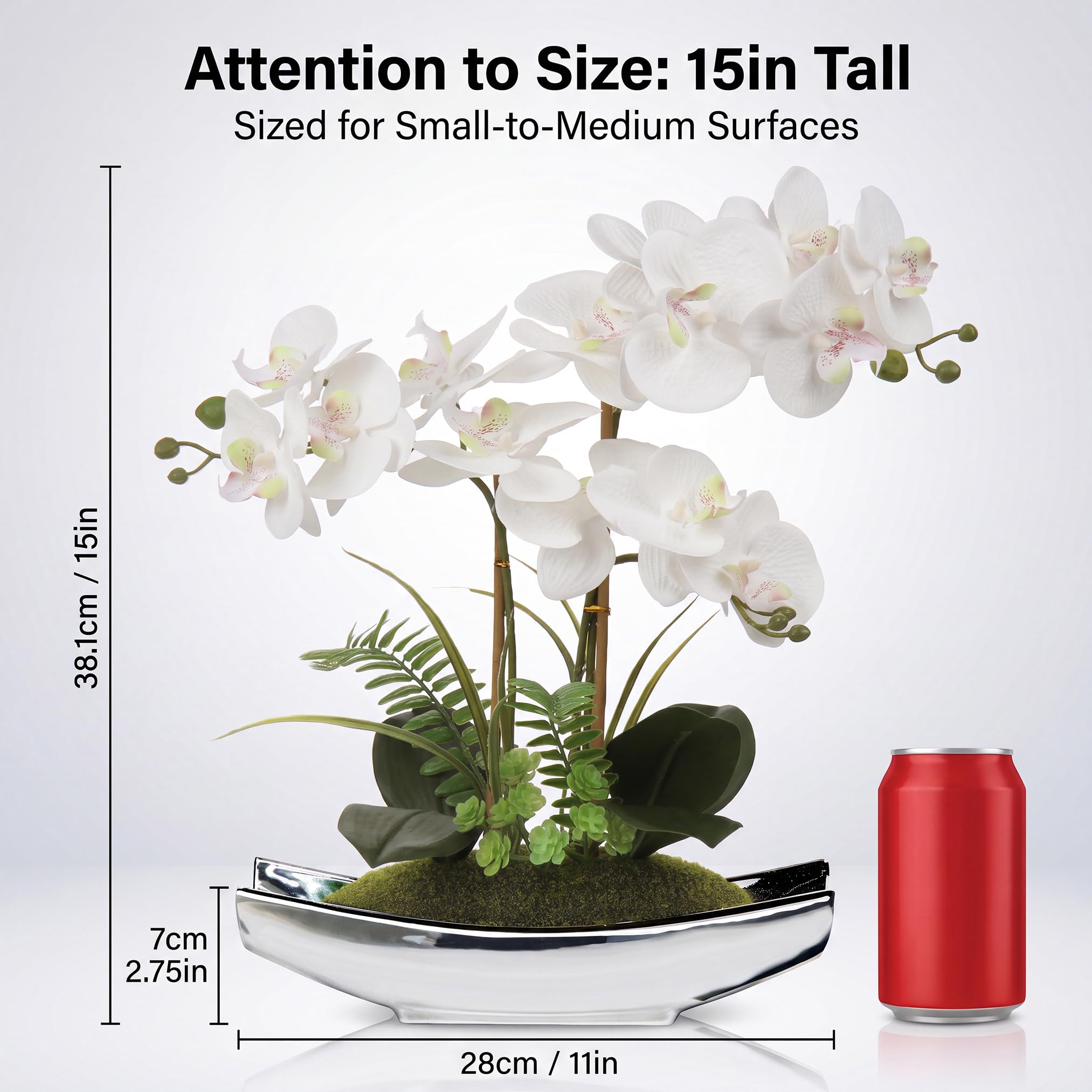 Briful Orchideen, künstliche Blumen, 38,1 cm, weiße Phalaenopsis-Orchidee mit silbernen Töpfen, fühlt Sich echt an, für Zuhause, Büro, Wohnzimmer, Tischdekoration