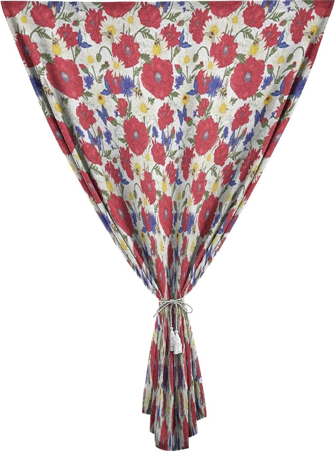 Self Adhesive Portable Blackout Curtains, Floral Room Darkening Curtains, Blooming Red Poppies Chamomile Ladybird Daisies Bumblebee Bees and Butterflies Print Temporary Blackout Blinds,59W x84L Inch
