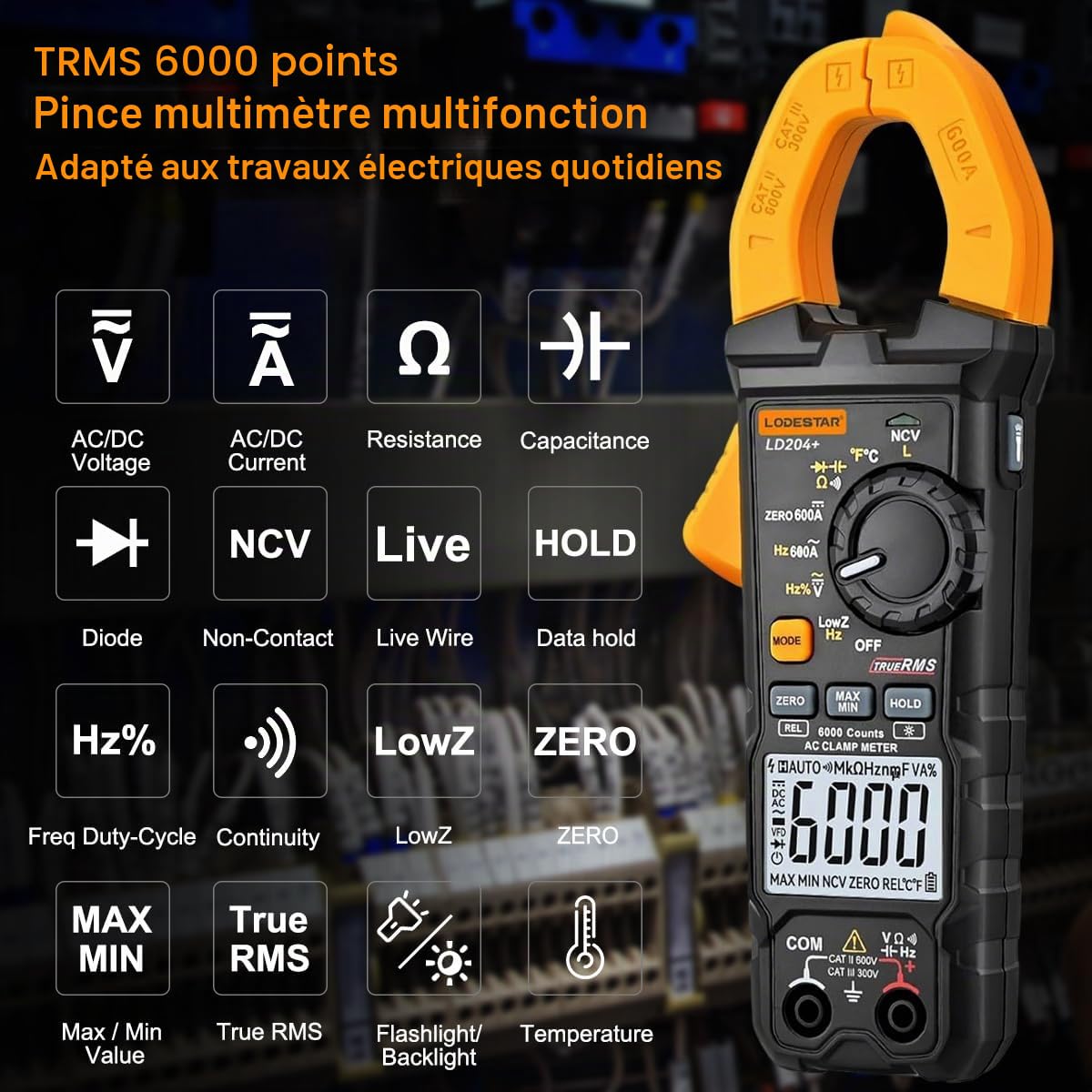 GALOOK Pince Ampèremétrique, 6000 Comptes Multimetre Automatique Numerique Professionnel, Voltmetre, Amperemetre pour Tension/Courant AC DC Résistance Continuité Capacité Diode Température NCV LIVE