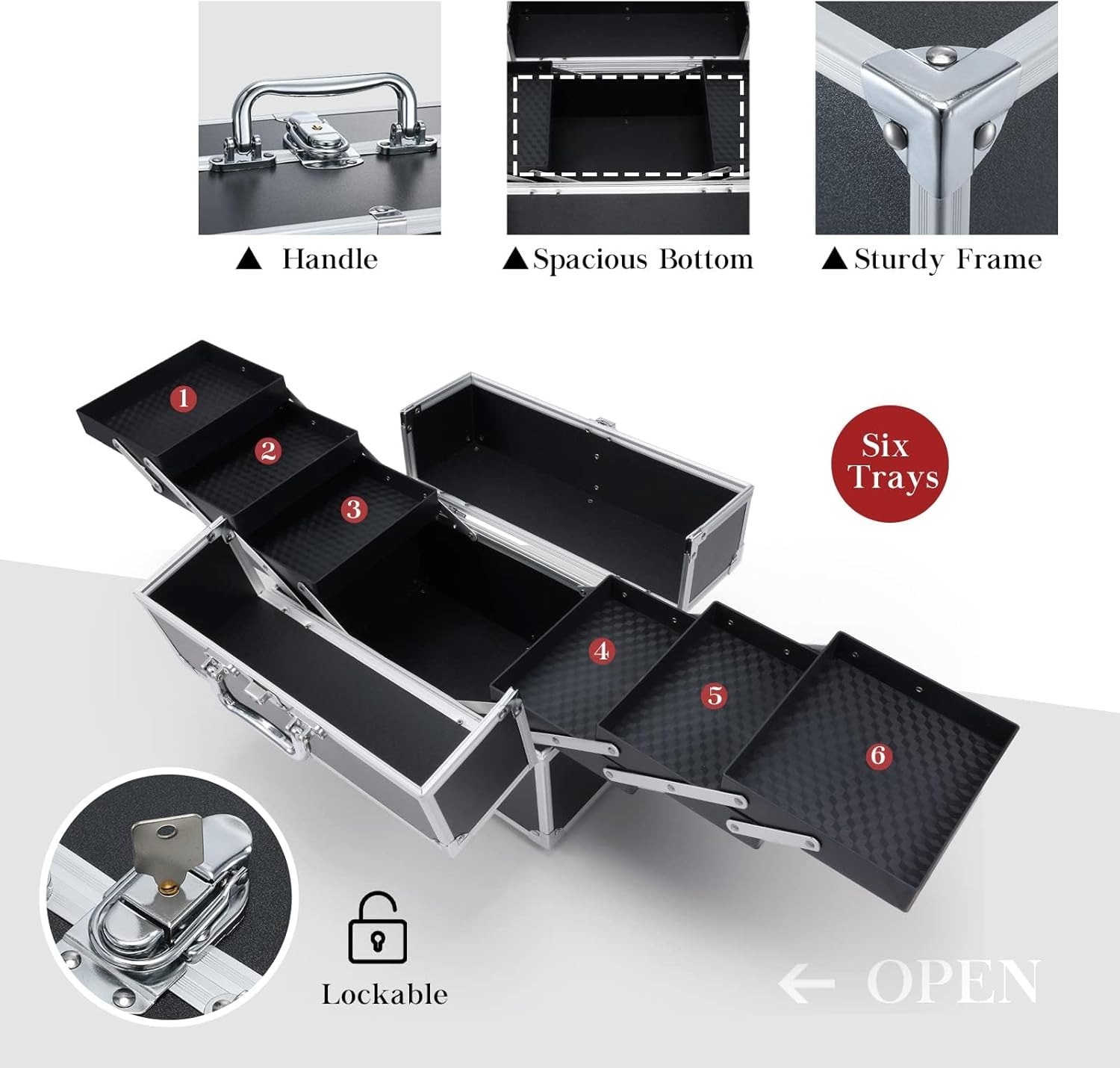 Hododou Makuep Train Case Extra Large 6 Trays Makeup Box Travel Case Professional Cosmetic Storage for Makeup Artist, Nail Tech, Hairstylists Salon Barber Case with Lockable Handle PRO Black