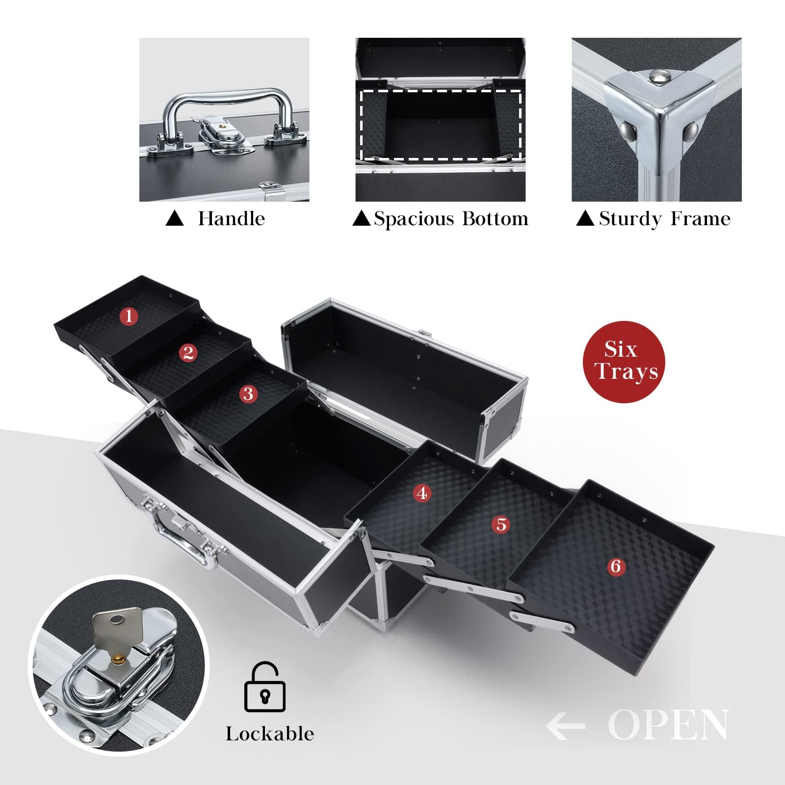 Hododou Extra Large Makeup Train Case with 6 Trays, Lockable PRO Black