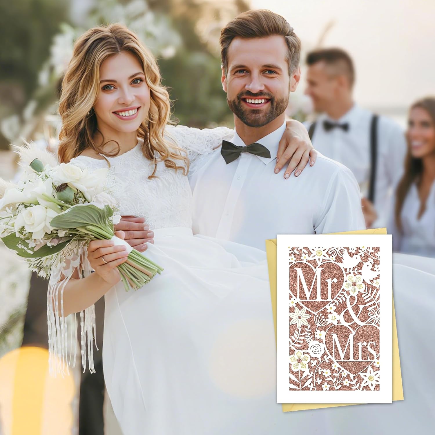 D24TIME Wedding Card for Bride and Groom - Elegant Die-Cut Floral and Birds Design with Glitter Champagne Gold - Personalized Wedding Congratuations Card with Envelope and Sticker 5.5x8in - Image 3