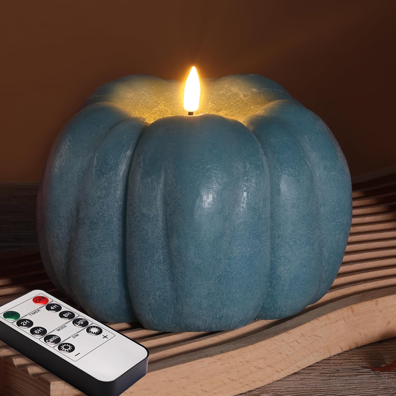 Eywamage Dusty Blue Pumpkin Flameless Candle with Remote, Christmas LED Battery Candle Decor Φ 5.4" H 4"