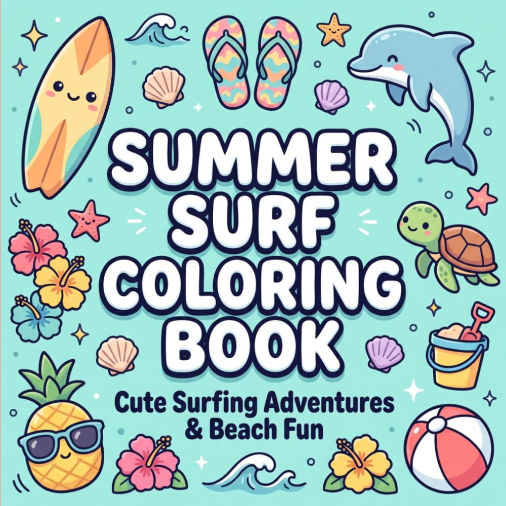Summer Surf Coloring Book for Kids: Cute Surfing Adventures, Beach Waves, Ocean Friends, Summer Vacation Fun and Easy Coloring Pages for Kids Ages 4-8