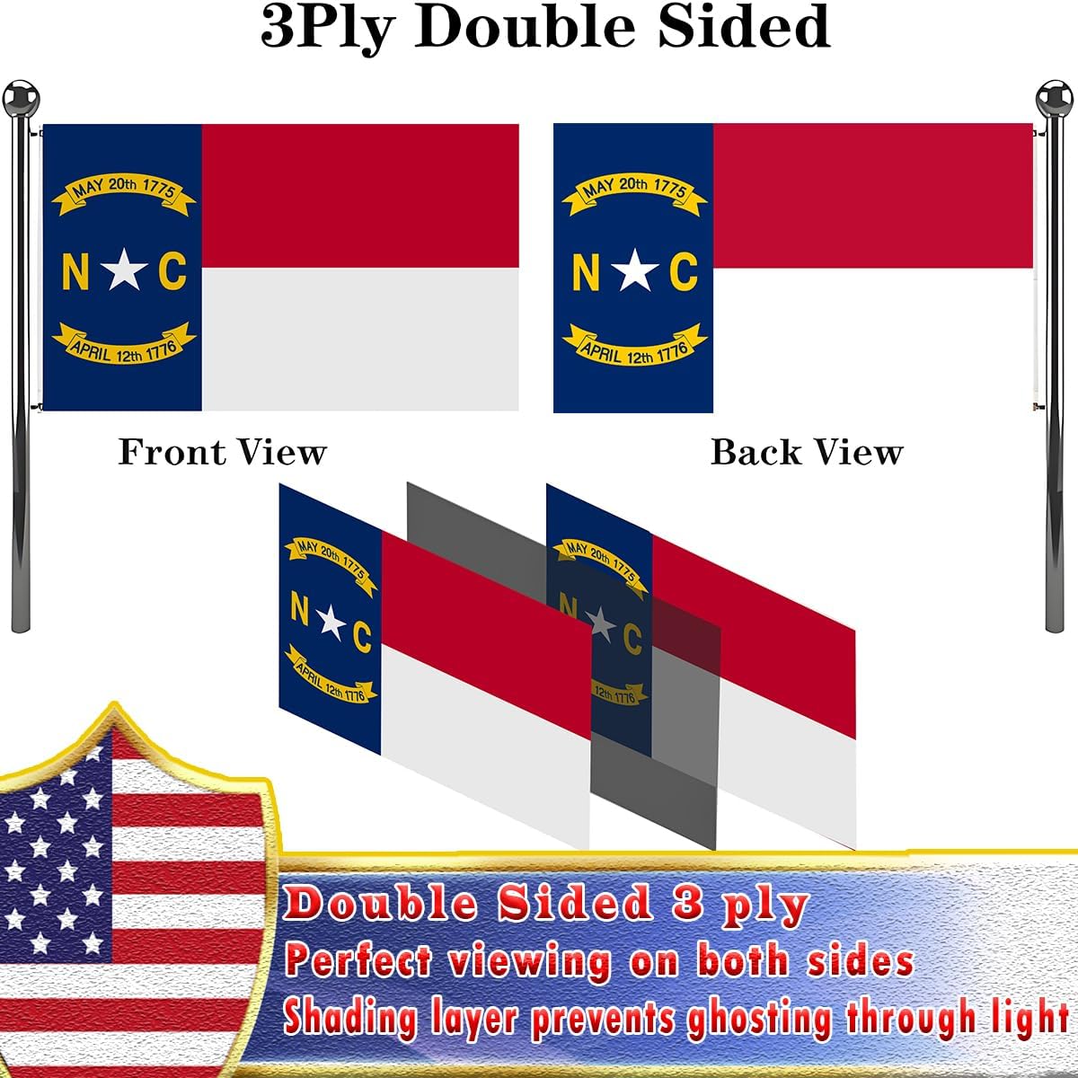 VOLTA Double Sided North Carolina State Flag 3x5ft, Outdoor Heavy Duty 3-Ply Durable Polyester North Carolina State Flag with Canvas Header/Brass Grommets for Indoor and Outdoor Decoration - Image 3