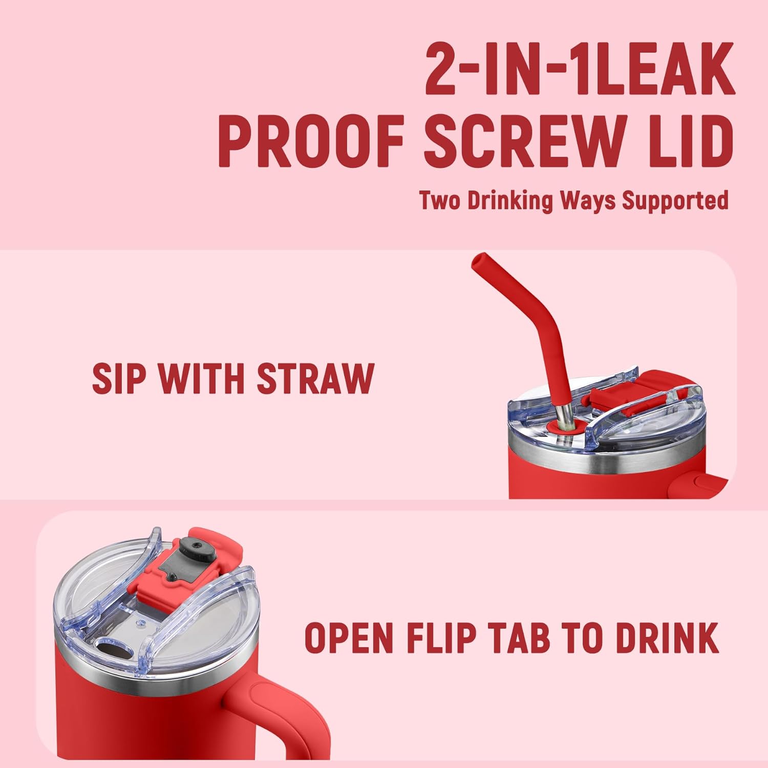 COKTIK 40 oz Tumbler With Handle and Straw, Insulated Tumbler With Leakproof Lids, Stainless Steel|BPA-Free, Cold for 24 H (Red) - Image 4