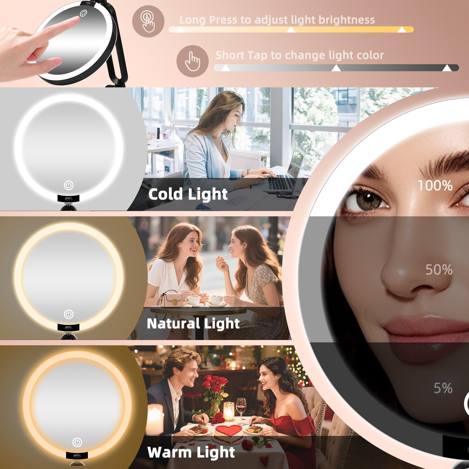 Espejo de aumento de doble cara 1X/20X con soporte plegable y bandeja, espejo de maquillaje de escritorio de 6 pulgadas con luz, aumento 20 veces más fuerte para maquillaje de primer plano, espejo de