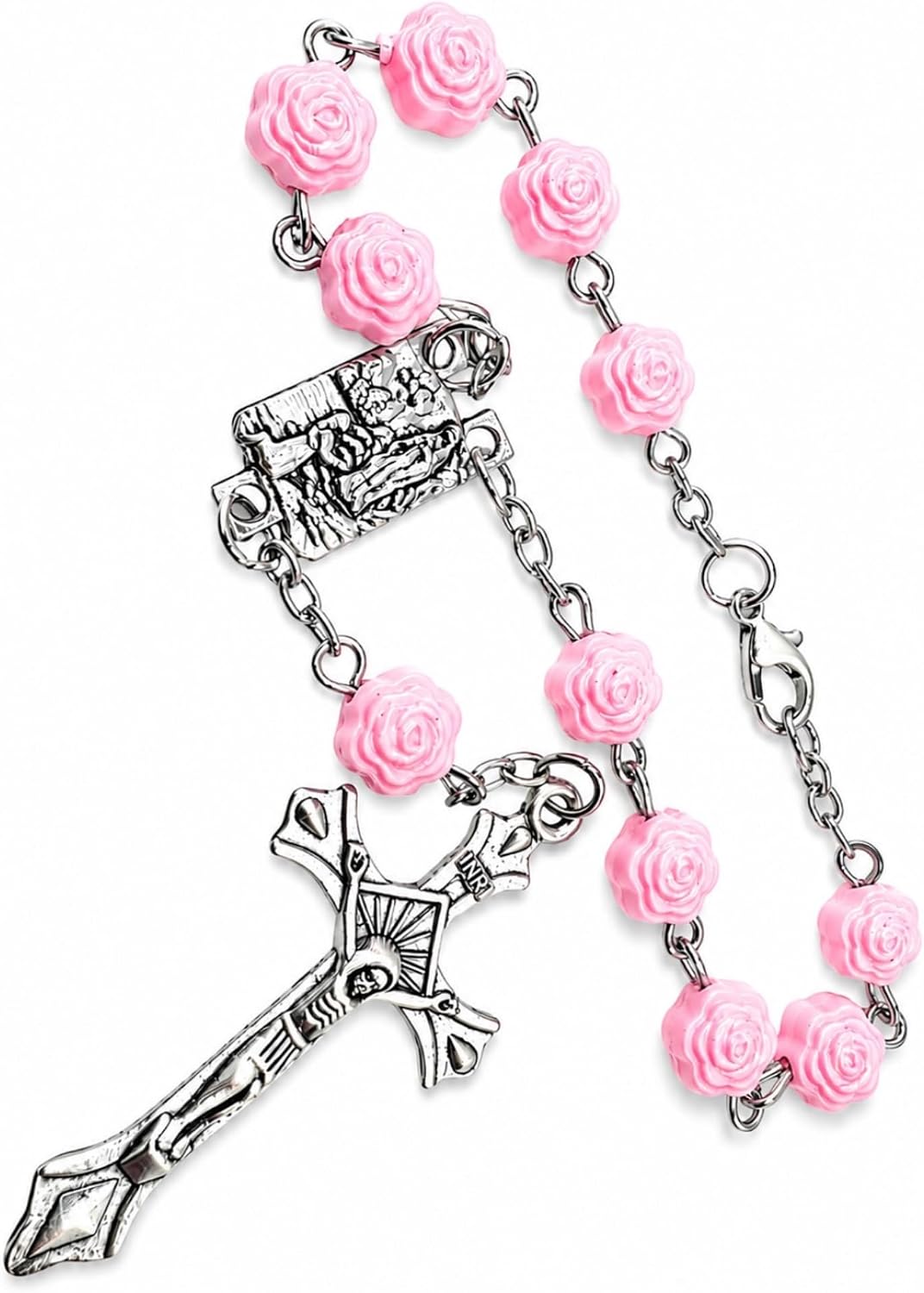 Westmon Works Pink Auto Rosary for Expectant Mothers with Rose Beads, Pregnancy Prayer Card, Shower Gift for Moms-to-Be, Patron Saint of Vision