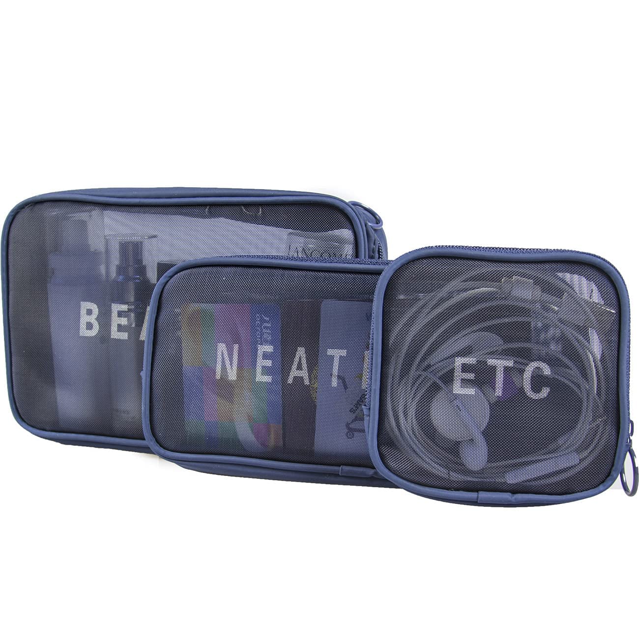 Excefore Travel Mesh Makeup Bags Set 3 Pieces See Through Zipper Pouch Cosmetic and Toiletry Organizer Bag Cosmetic Bag for Offices Travel Accessories, S M L(Navy Blue)