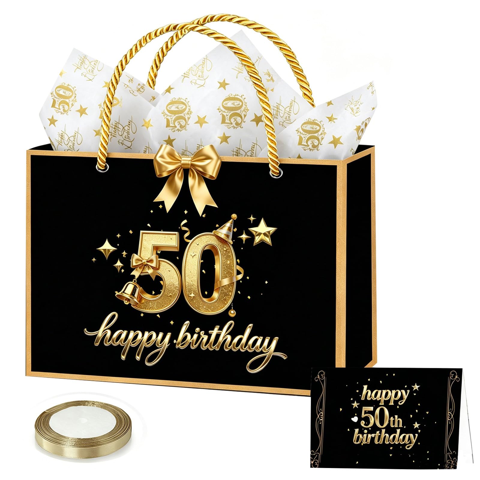 50th Birthday Gift Bag,28*20*10cm Luxury Black Birthday Party Gifts Bag with Handles, 3 Tissue Paper, 1 Greeting Card, 1.5cm*22m Champagne Ribbon,Medium Paper Bags for Man Women 50th Birthday Supplies