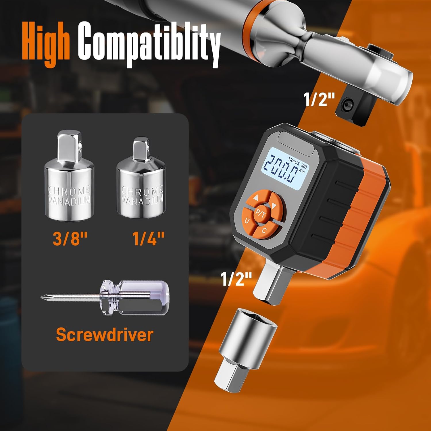 1/2" Digital Torque Wrench Adapter Set, 7.3-147.5 Ft.lb/10-200 N.m Electronic Torque Adapter with Buzzer & LED Indicator for Automotive Motocycle Car Repair