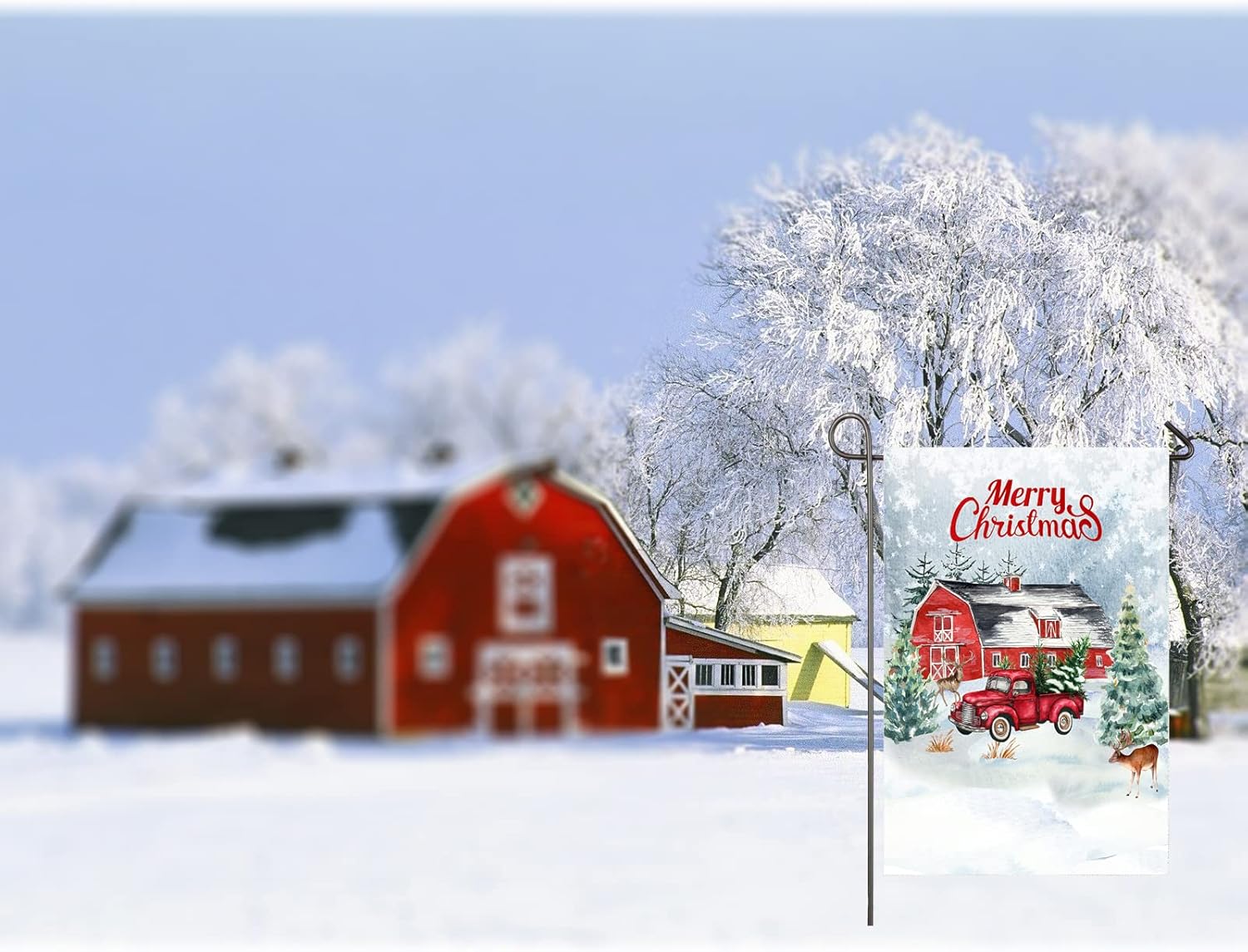 Merry Christmas Garden Flag Red Truck Barn Farm 12 x 18 Inch Double Sided Winter Snow Vintage Pickup Christmas Tree Deer Elk House Yard Flag Rustic Farmhouse Outside Decor New Year Xmas Holiday Yard - Image 3
