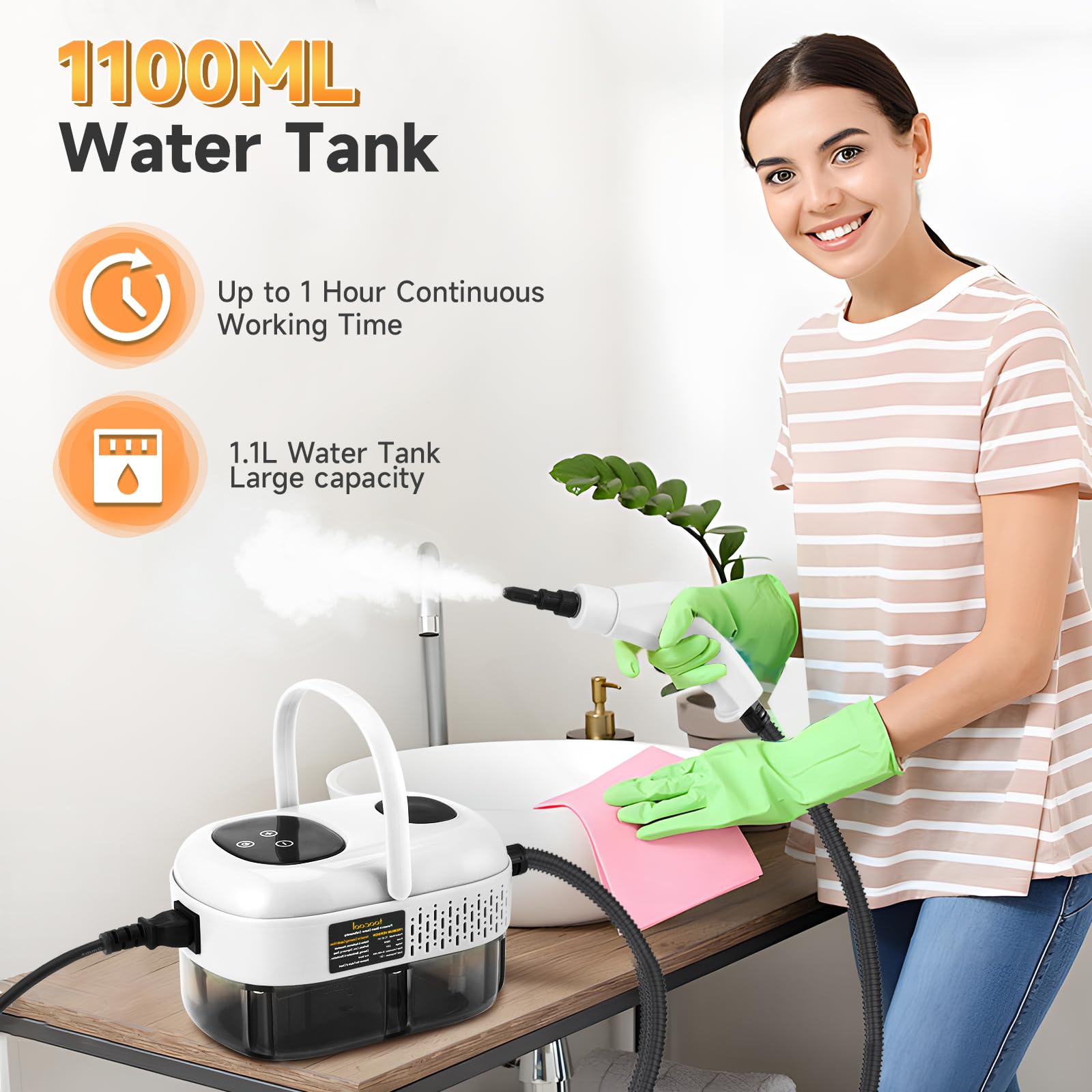 Limpiador a Vapor con 5 Cabezales, 1100ml Vaporeta Limpieza Hogar Potente 2500W, 6 Velocidades, Portátil Máquina de Limpieza a Vapor Presurizada de Alta Temperatu para Cocina, Baño, Coches