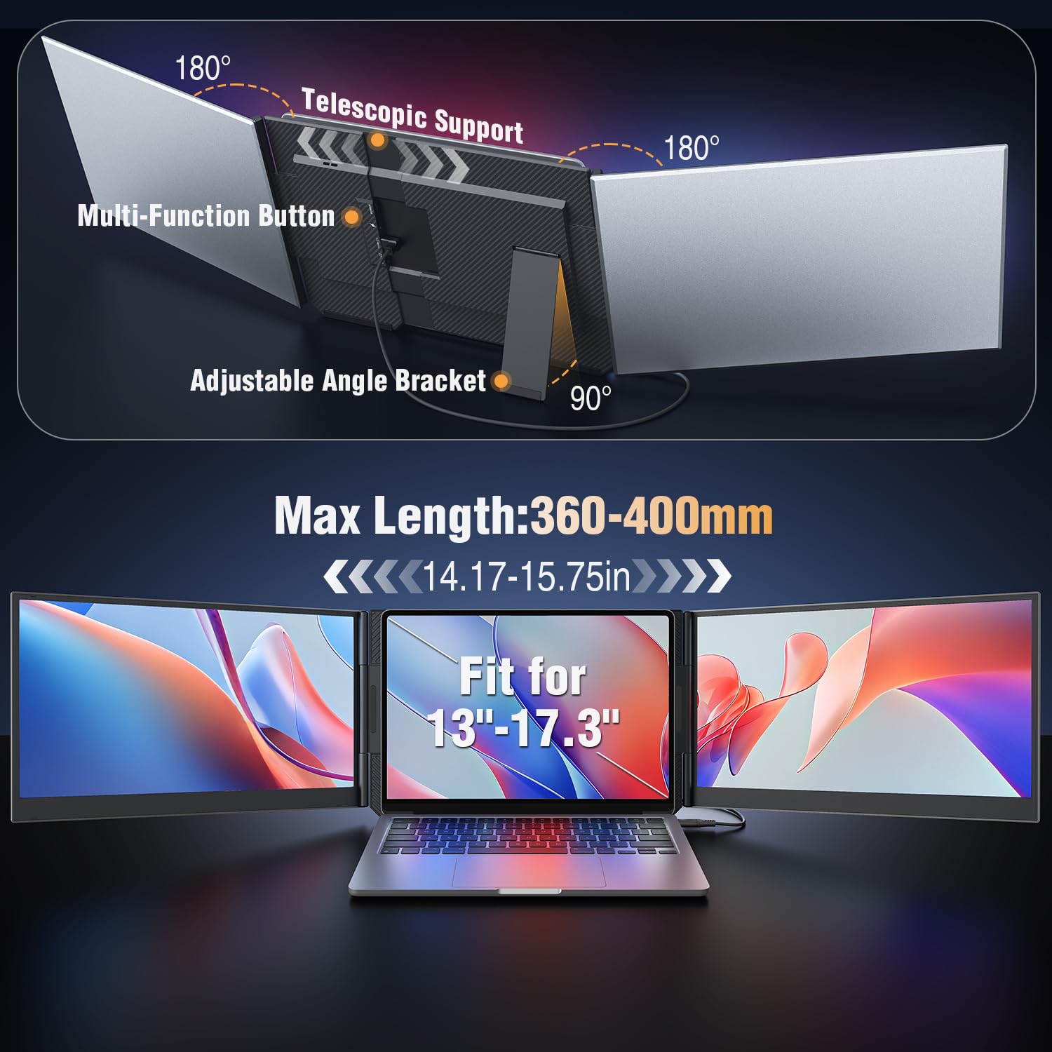 APILDELLA 15.6’’ Triple Laptop Screen Extender, 1080P FHD Portable Dual Monitor for Laptop USB C HDMI, Plug-Play Monitor Extender for Triple Display for Mac/Windows, Fit 13”-17.3” Laptops - 4
