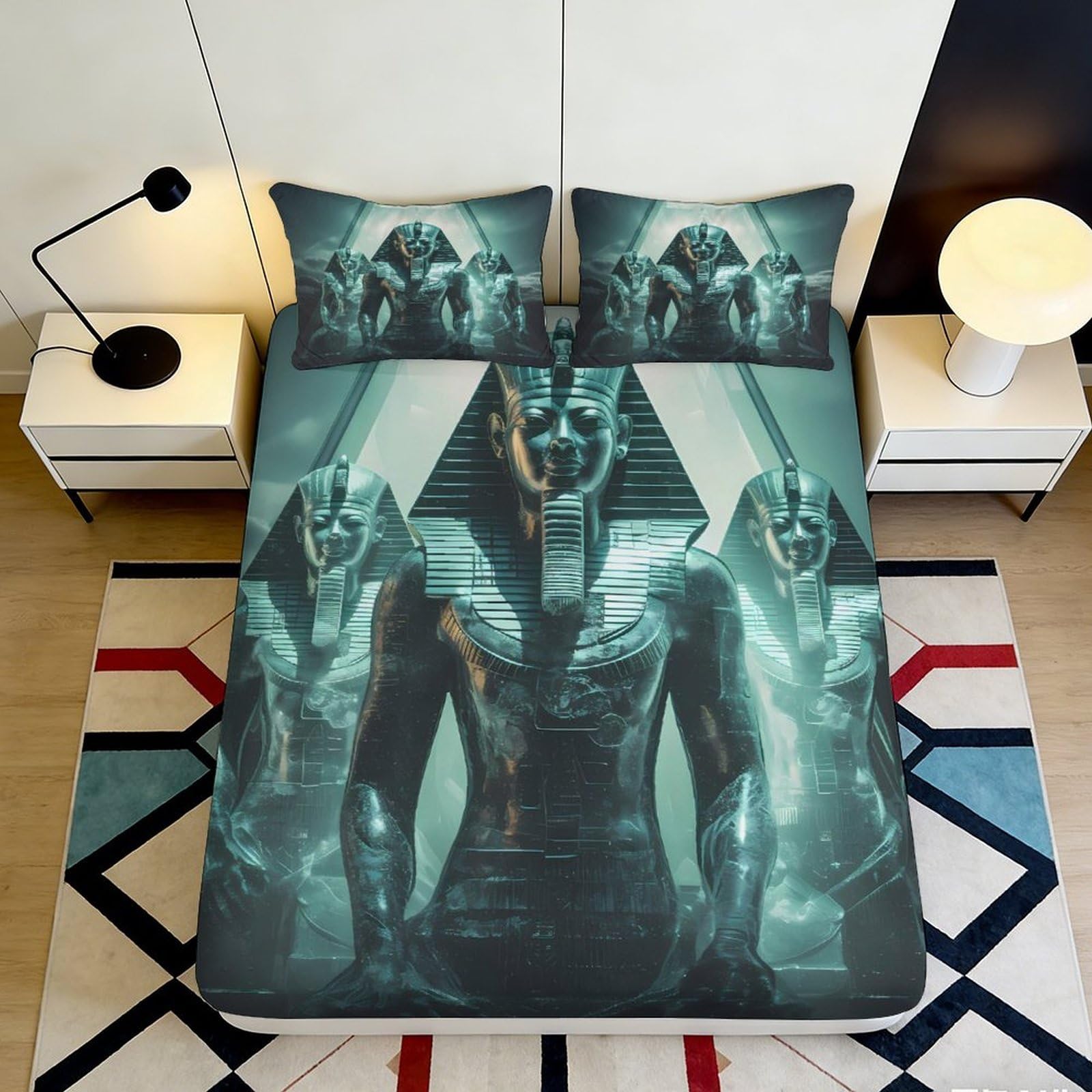 3D Printed Egyptian Pharaoh Fitted Sheet Microfiber Soft Non-Slip Sphinx Bed Cover for Bedroom Dorm Decor 90x200x25cm