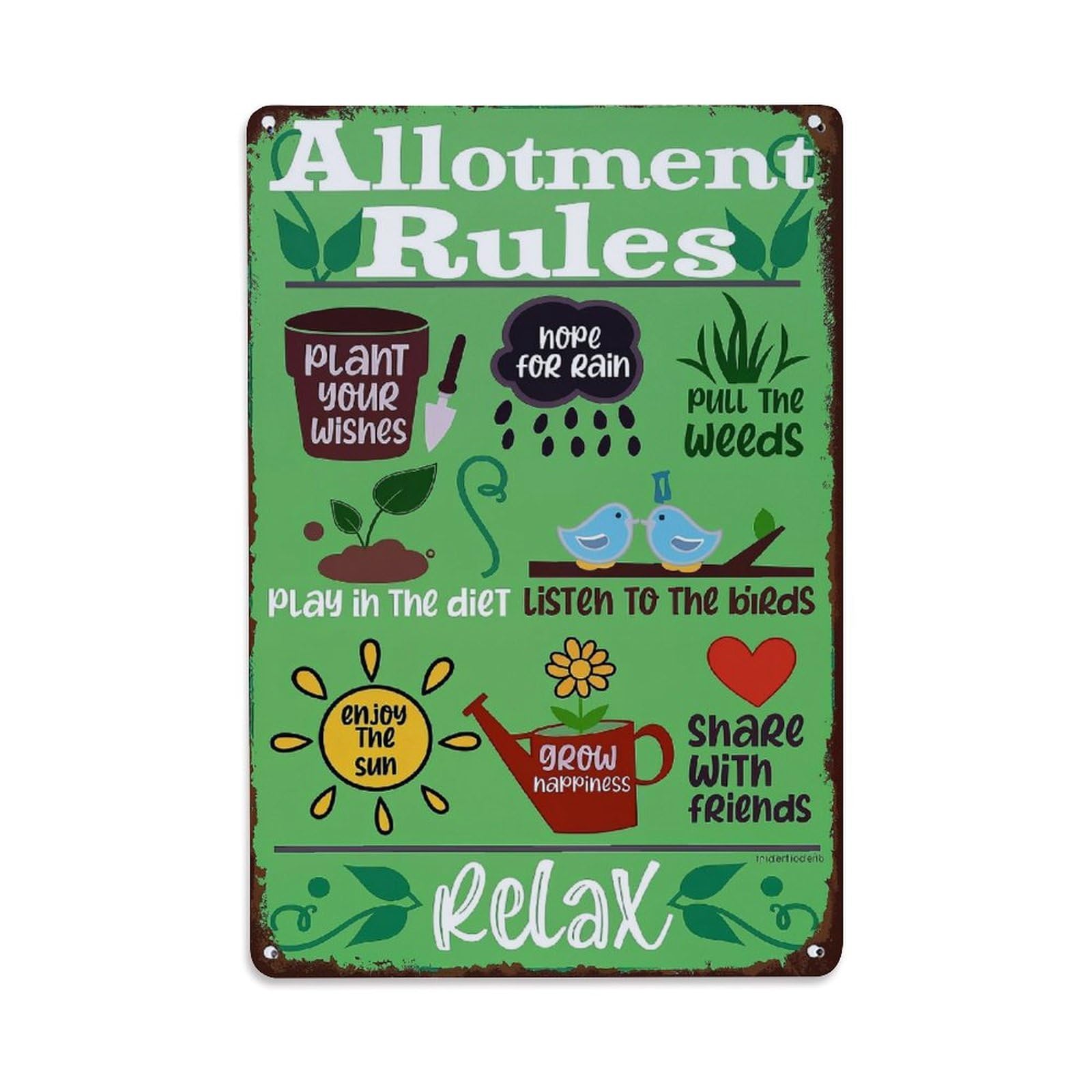 Allotment Rules Garden Fun Relax Vintage Tin Sign Retro Metal Wall Decor Metal Poster, Home Bar Garage Farmhouse Cafe Wall Art Decoration 8x12Inches