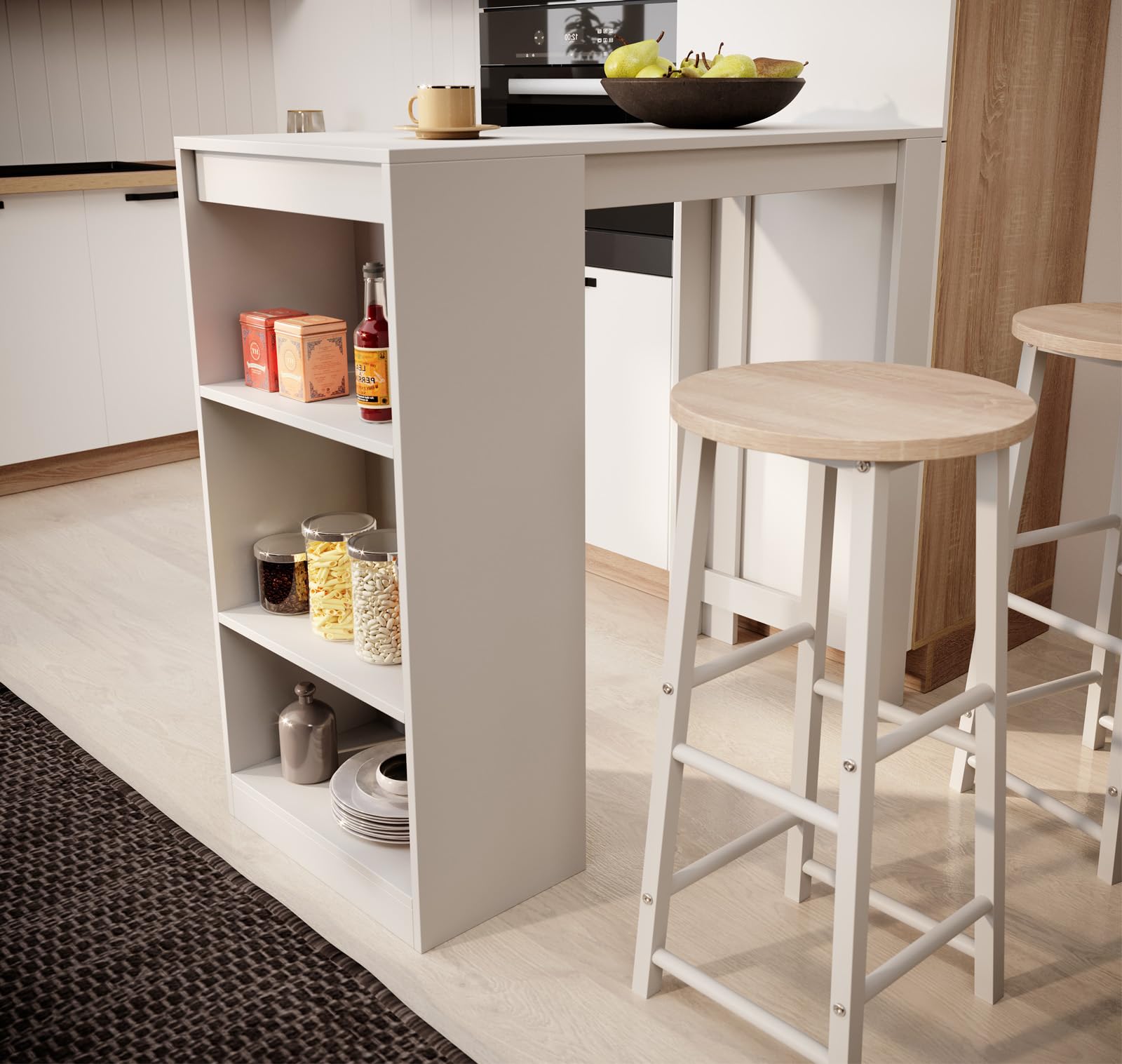 MB Muebles Bonitos | Ensemble Table Haute et 2 Tabourets Kyra | Mange-Debout de Cuisine avec 3 Étagères de Rangement | Set de Bar Moderne Gain de Place | Blanc | 110x103x50 cm