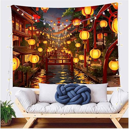 NTERC Tapiz de anime japonés, farol, festival, calle Riverway, para colgar en la pared, manta de pared de paisaje nocturno de ciudad, 93 x 71