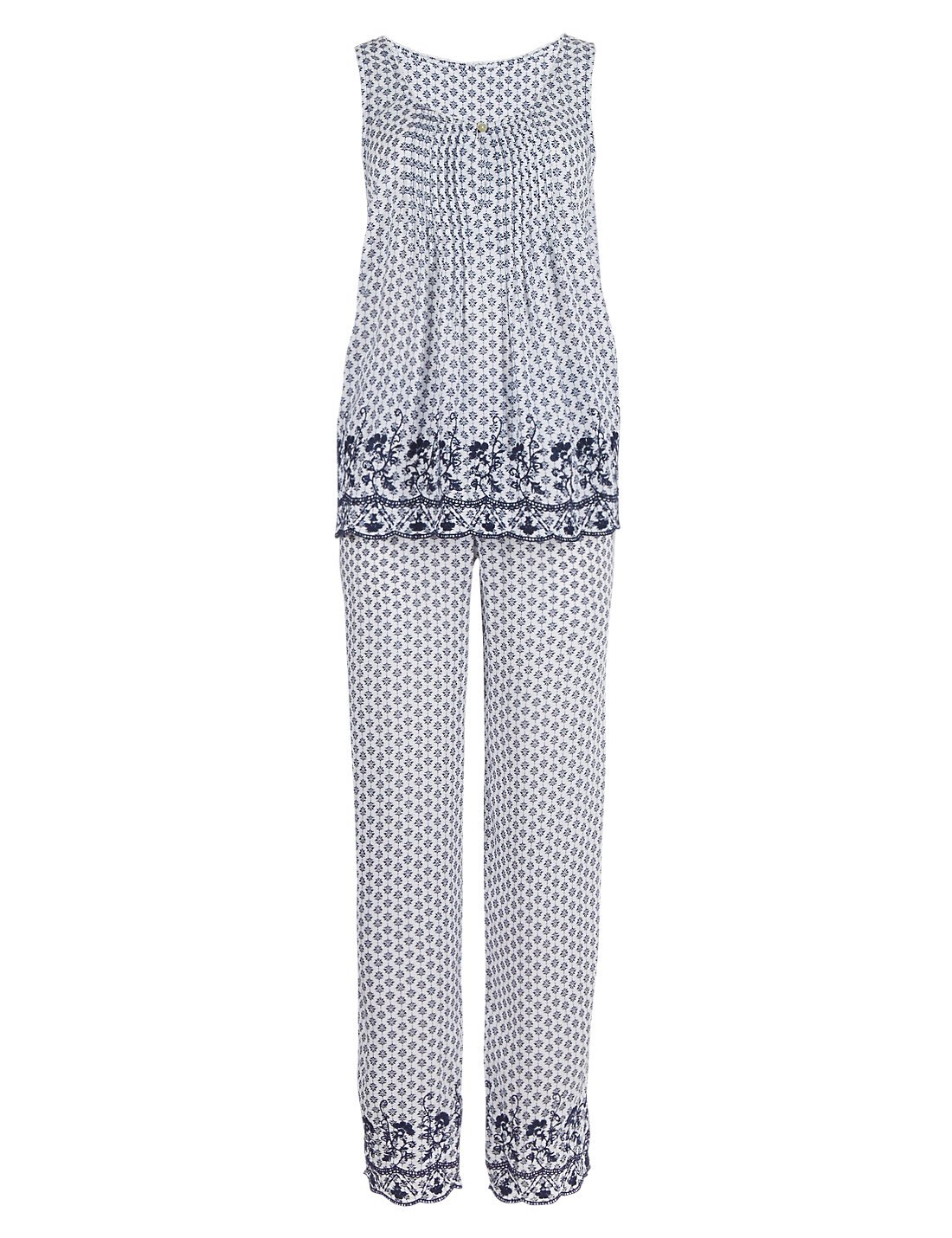 Ex Highstreet Women's White & Navy M&S Navy & White Placement Print Embroidered Pjs Pyjama Set (18)