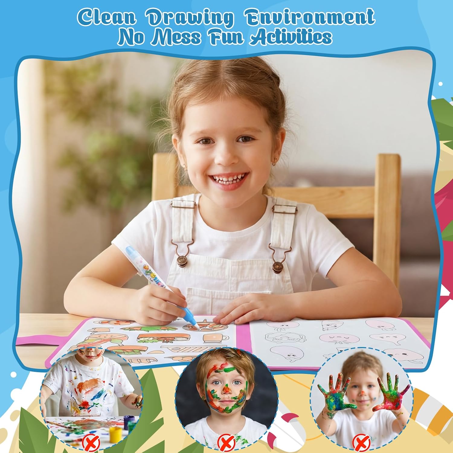 Prudiut 6-Pack Reusable Water Coloring Books for Toddlers with Pens | Mess-Free Water Reveal, Reusable Quick-Dry Pages, Portable 8x8 In Travel Activity, Ideal Gift