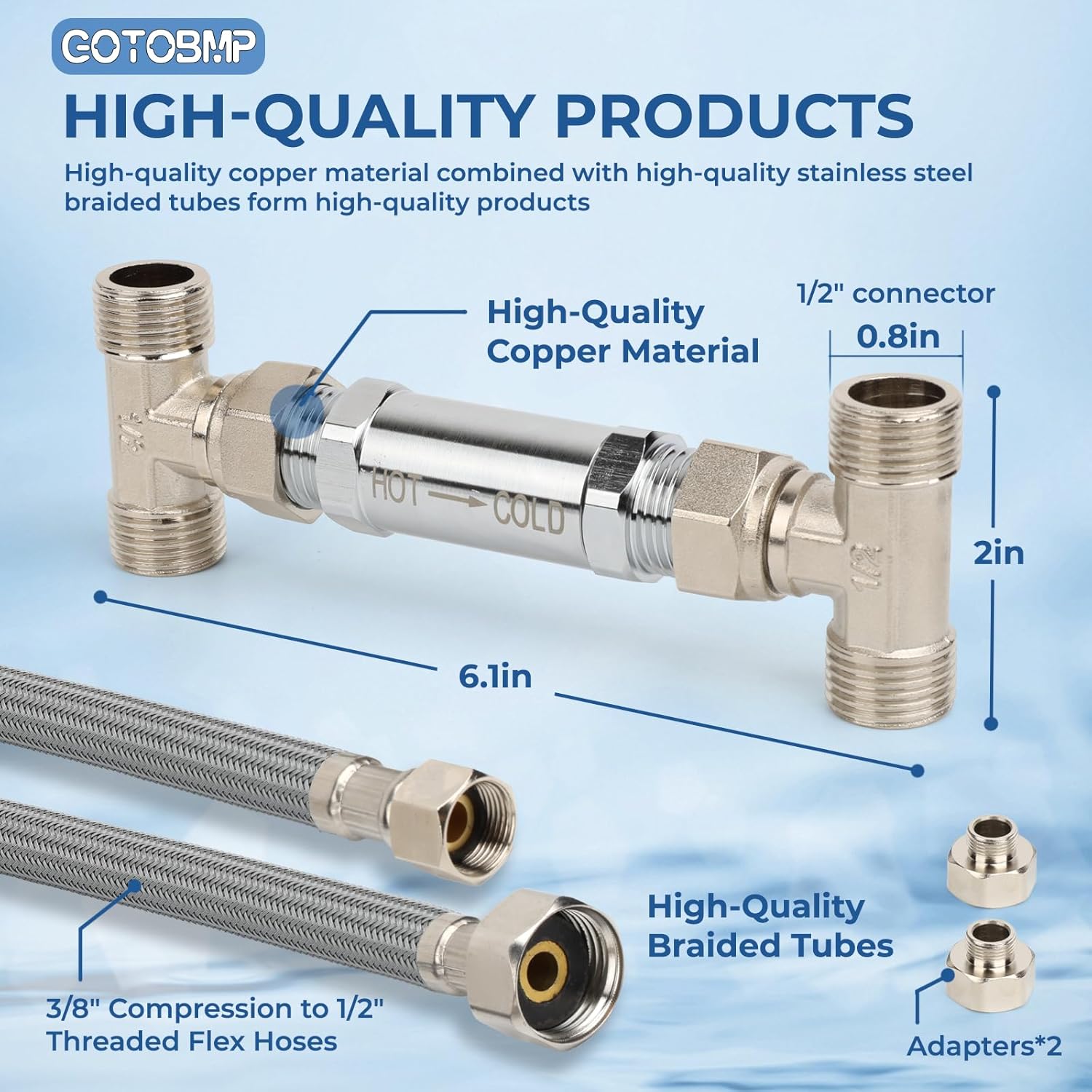 Replacement Sensor Valve Kit for Hot Water Recirculating Pump, Upgrade Brass Hot Water Recirculation System, 1/2’’ Stainless Steel Braided Hose, for Models 500800, 367010, 595926
