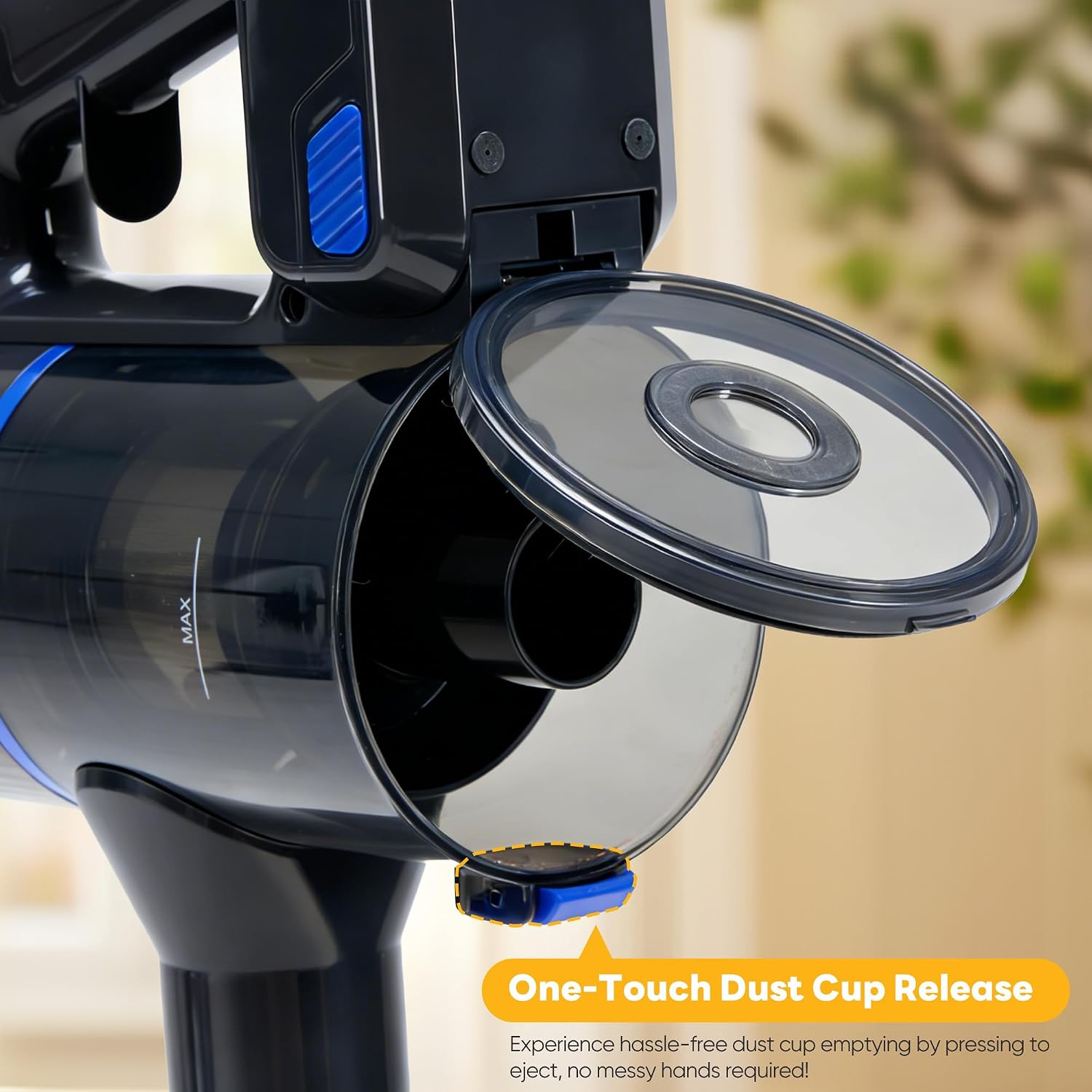 Close-up of the vacuum's dust cup with the one-touch release button highlighted