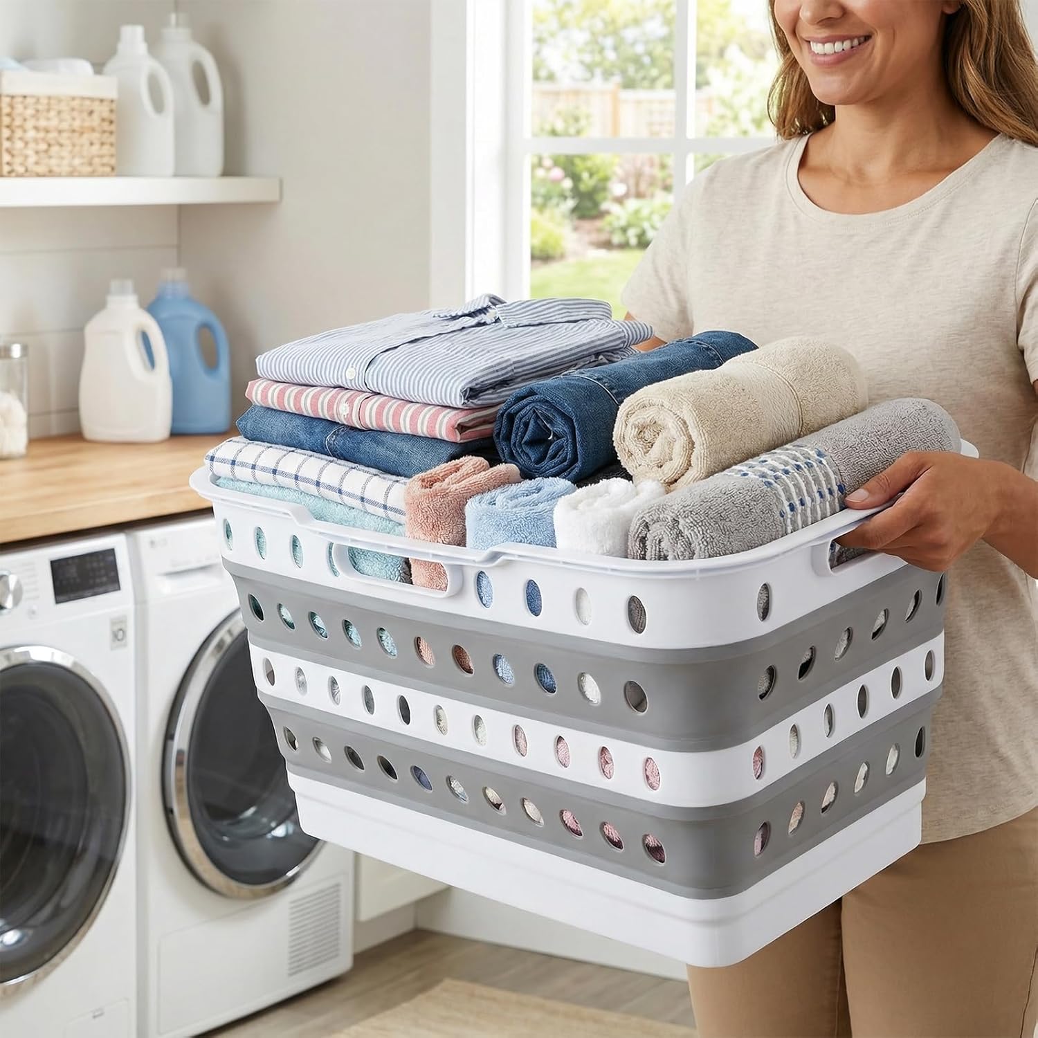 74L Collapsible Laundry Baskets, Plastic Laundry Hamper with Handles, Foldable Laundry Bin, Pop Up Storage Container for Laundry Room Organization, Ideal for Clothes, Towels, Blanket (Grey)