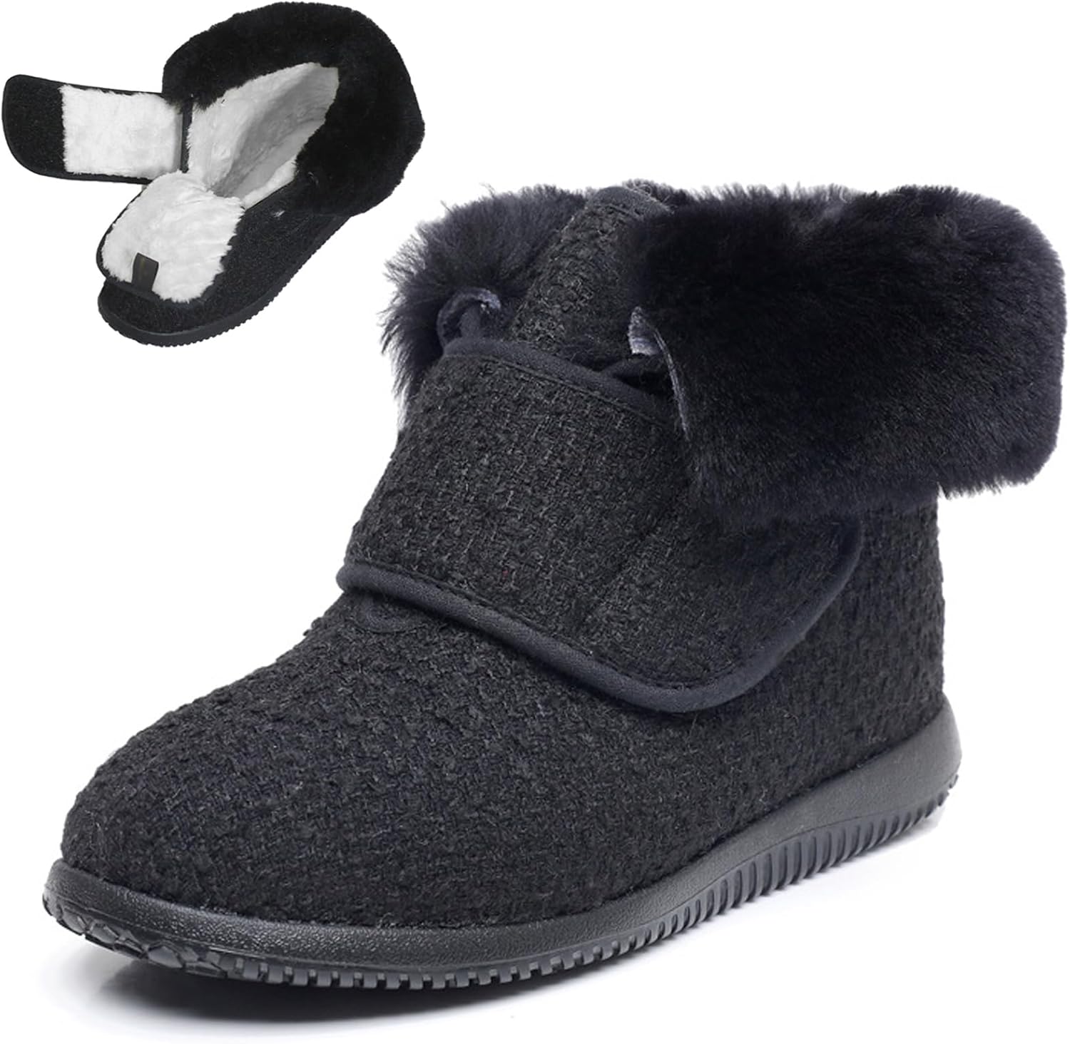 bumuam Diabetic Winter Boots for Women, Adjustable Extra Wide Shoes with Warm Fur Lining, Comfortable Non Slip Outdoor Slippers for Swollen Feet