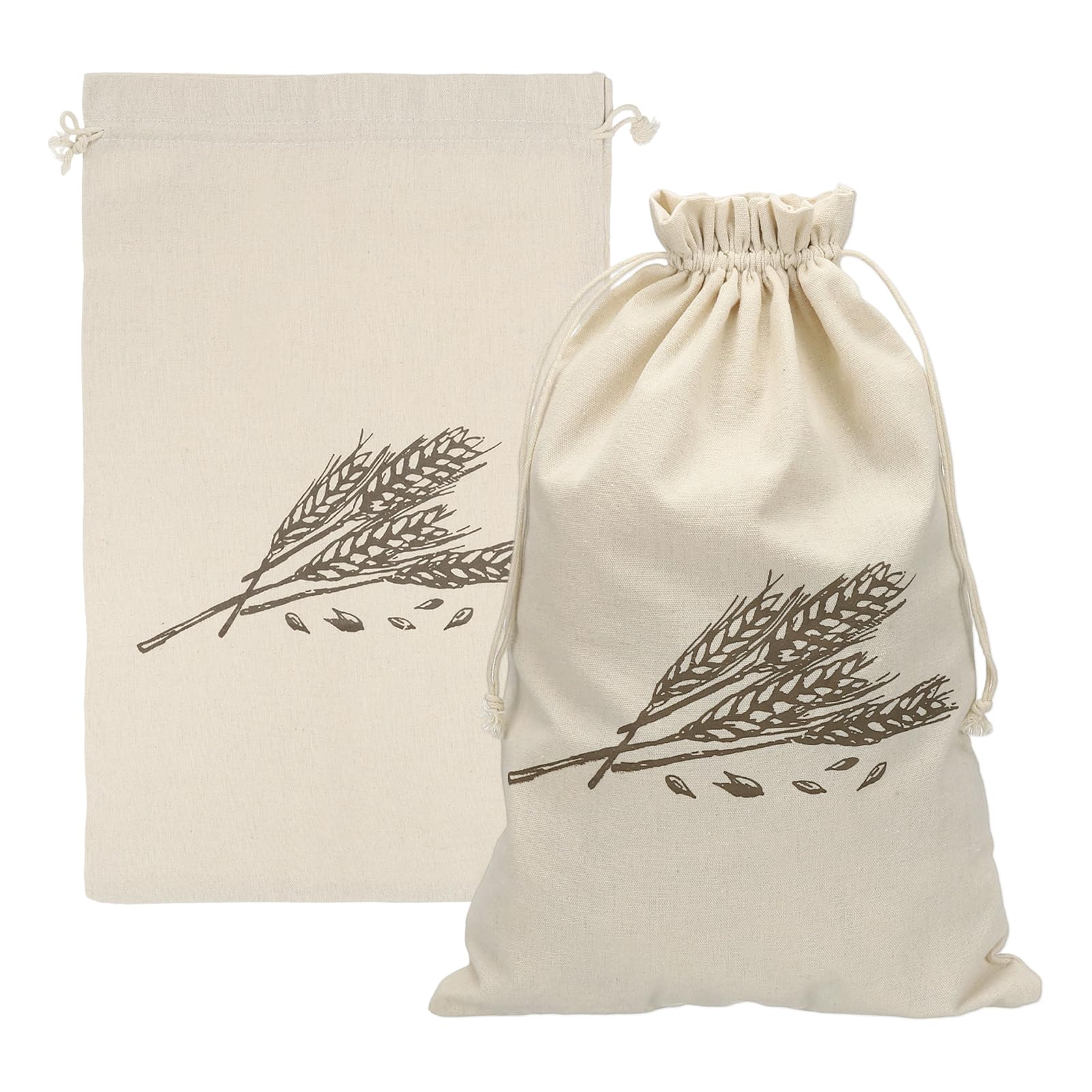 uxcell 2 Pack Reusable Bread Bags, 17.7 x 11.8" Linen Bread Storage for Homemade Sourdough Beeswax Food Drawstring Closure, Wheat Print