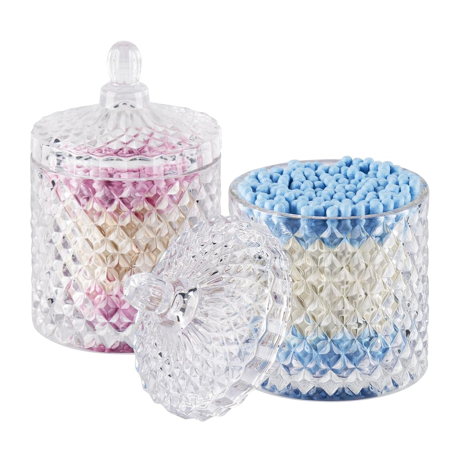 SWWITCART 2 Pack Qtip Holder Cotton Round Ball Holder Set, Apothecary Jars Glass Bathroom Storage jars with Lids for Bathroom Decor, Qtip Dispenser for Cotton Swab,Cutip,Cotton Pad