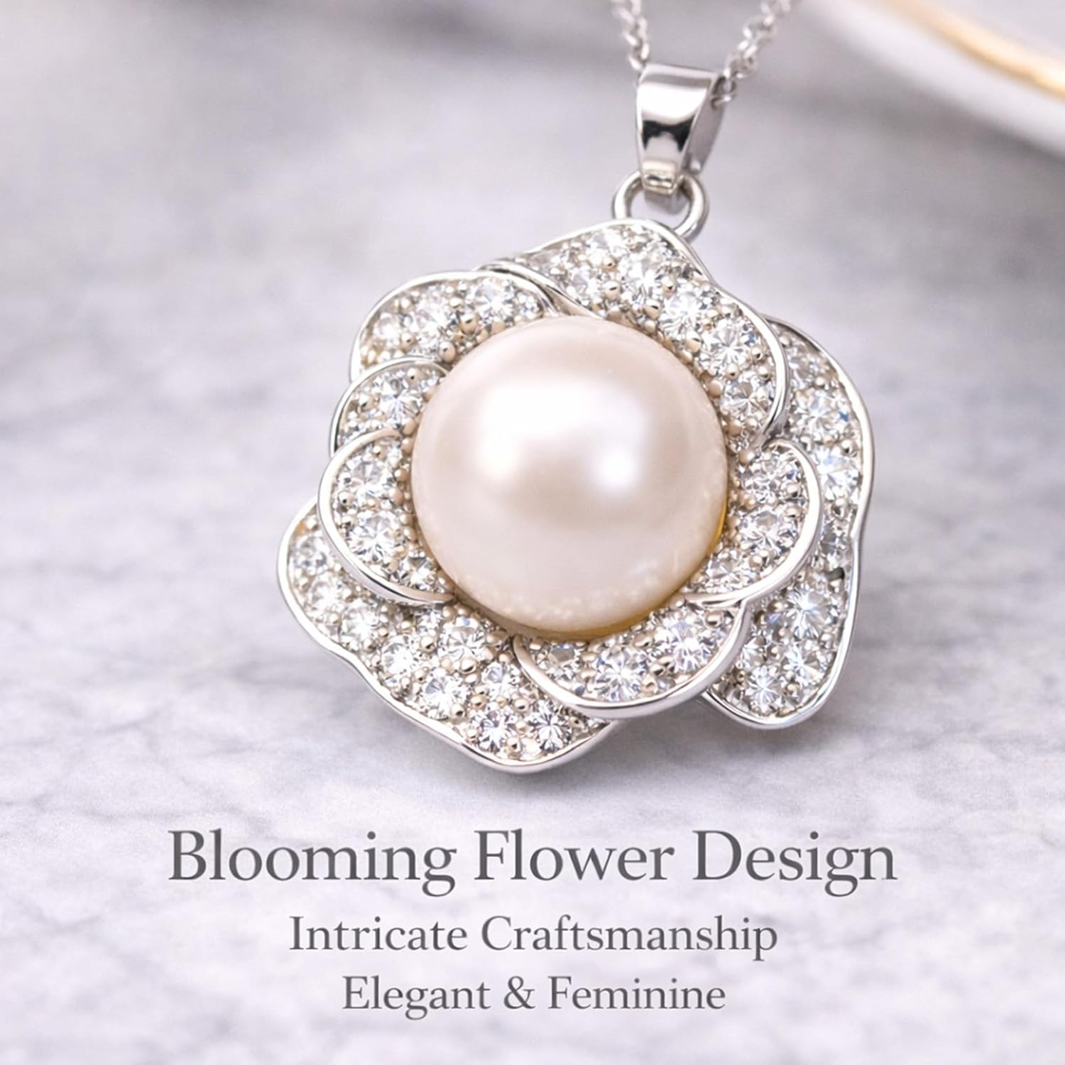 Designer 11-12mm Large Freshwater Pearl Necklace for Women, Flower Petal Pearl Pendant Necklace with Elegant Halo Design, White Pearl Jewelry Gift for Wife Mom Girlfriend, 16.3"+2" Adjustable Chain，Mother’s Day/Grandma's Gift