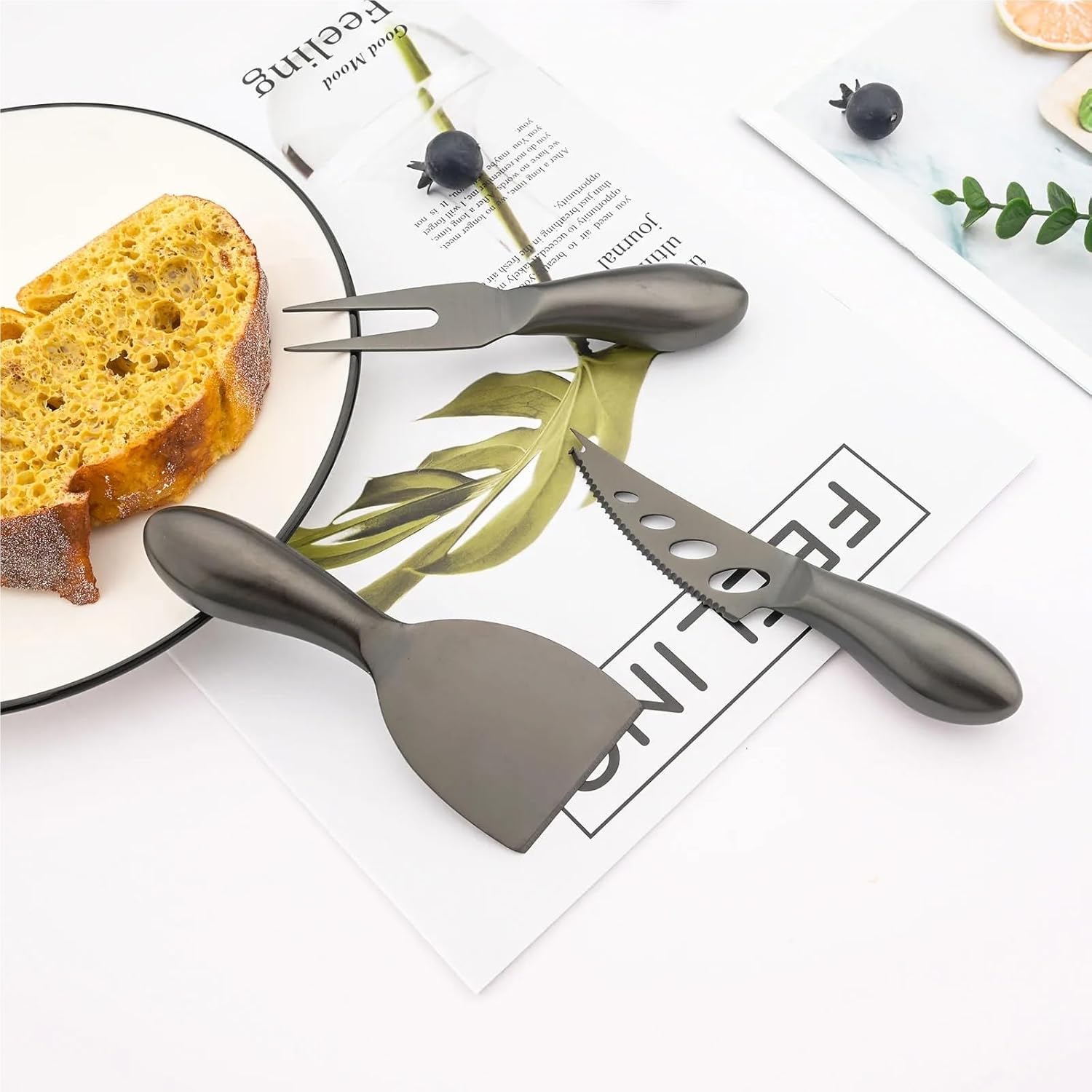 Matte Black Knives Set Cheese Cutlery Steel Stainless Slicer Cutter Handle Mini Knife Butter Spatula Fork(Burgundy)