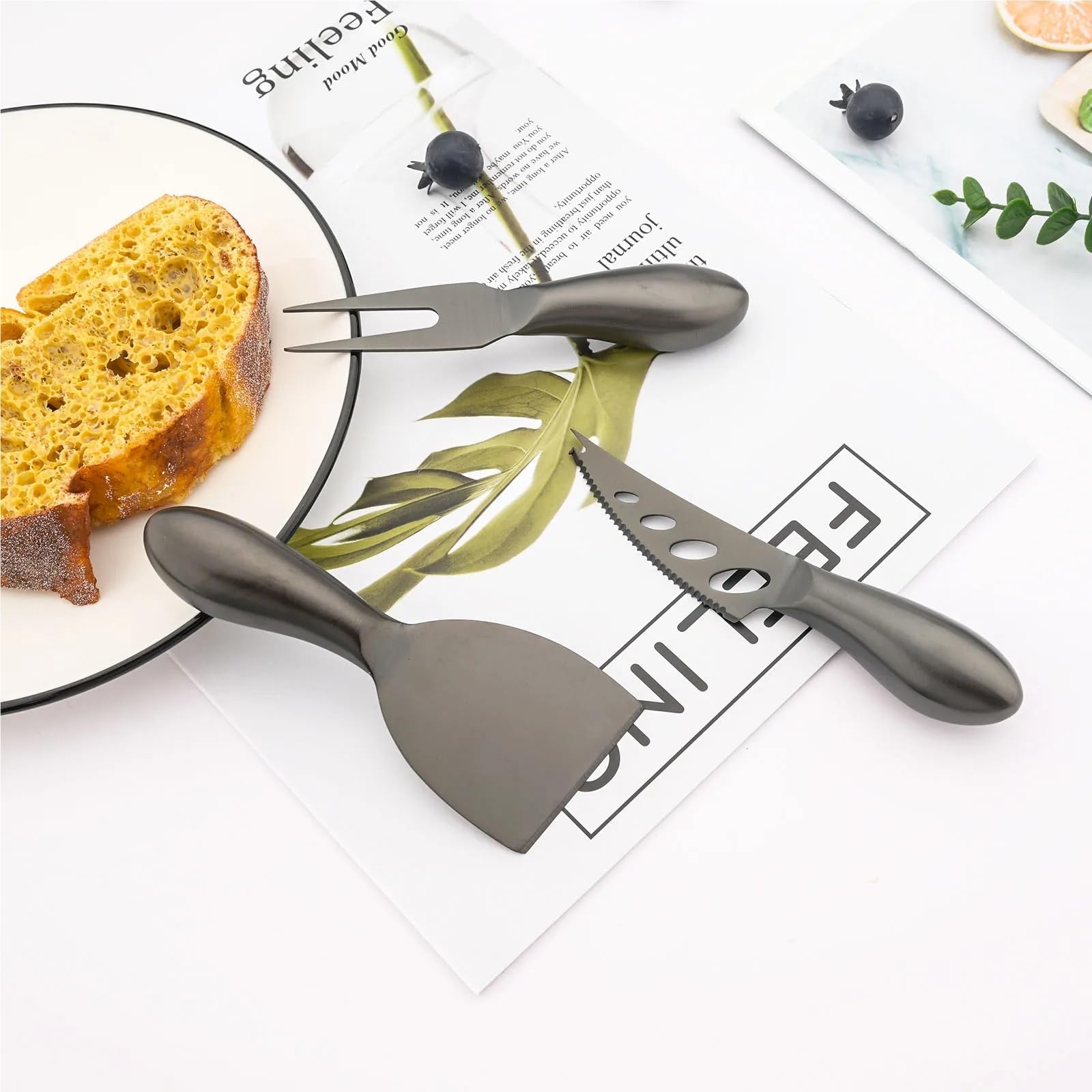 Mattschwarzes Messerset Käsebesteck aus rostfreiem Stahl Käsehobel Cutter Griff Minimesser Buttermesser Spatel Gabel(Chocolate)