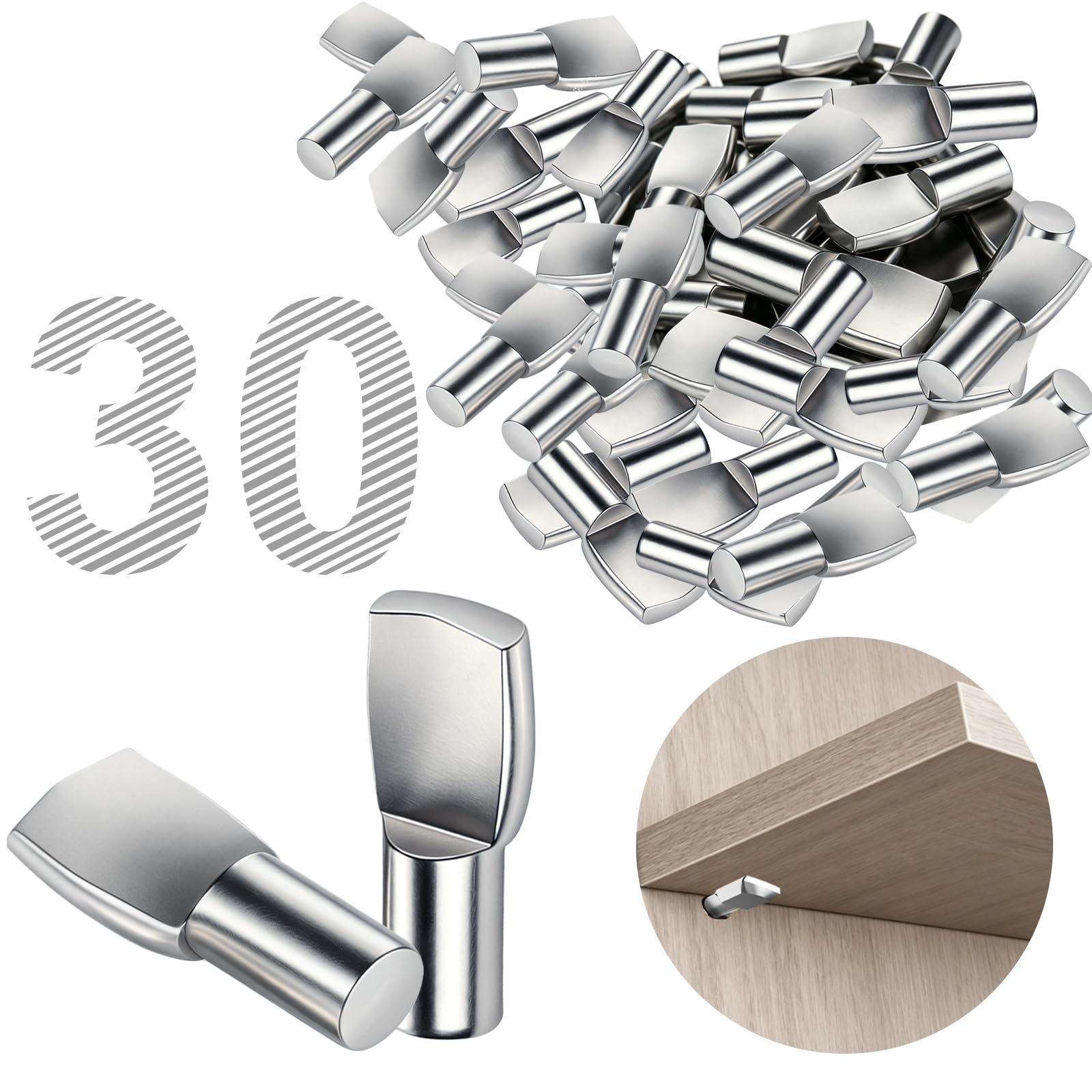 30PCS 5mm Shelf Pegs, Metal Shelf Support Pins for Cabinets, Bookcases, Closets and Furniture, Nickel Plated Shelf Holders (Spoon Shaped)