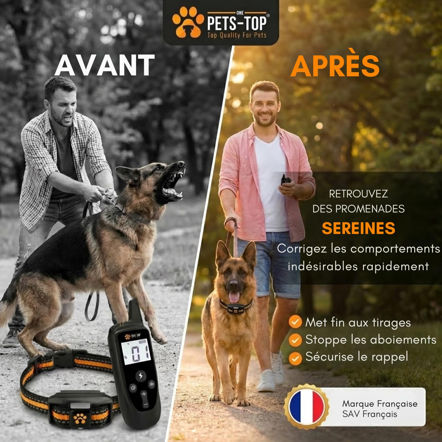 One PETS-TOP Collier De Dressage pour Chien, Portée de 3000m, Mode Vibration, Son, Choc Statique de 0 à 99, IPX67 Résistant à L’Eau, Petit et Gros Chien, Anti-aboiement
