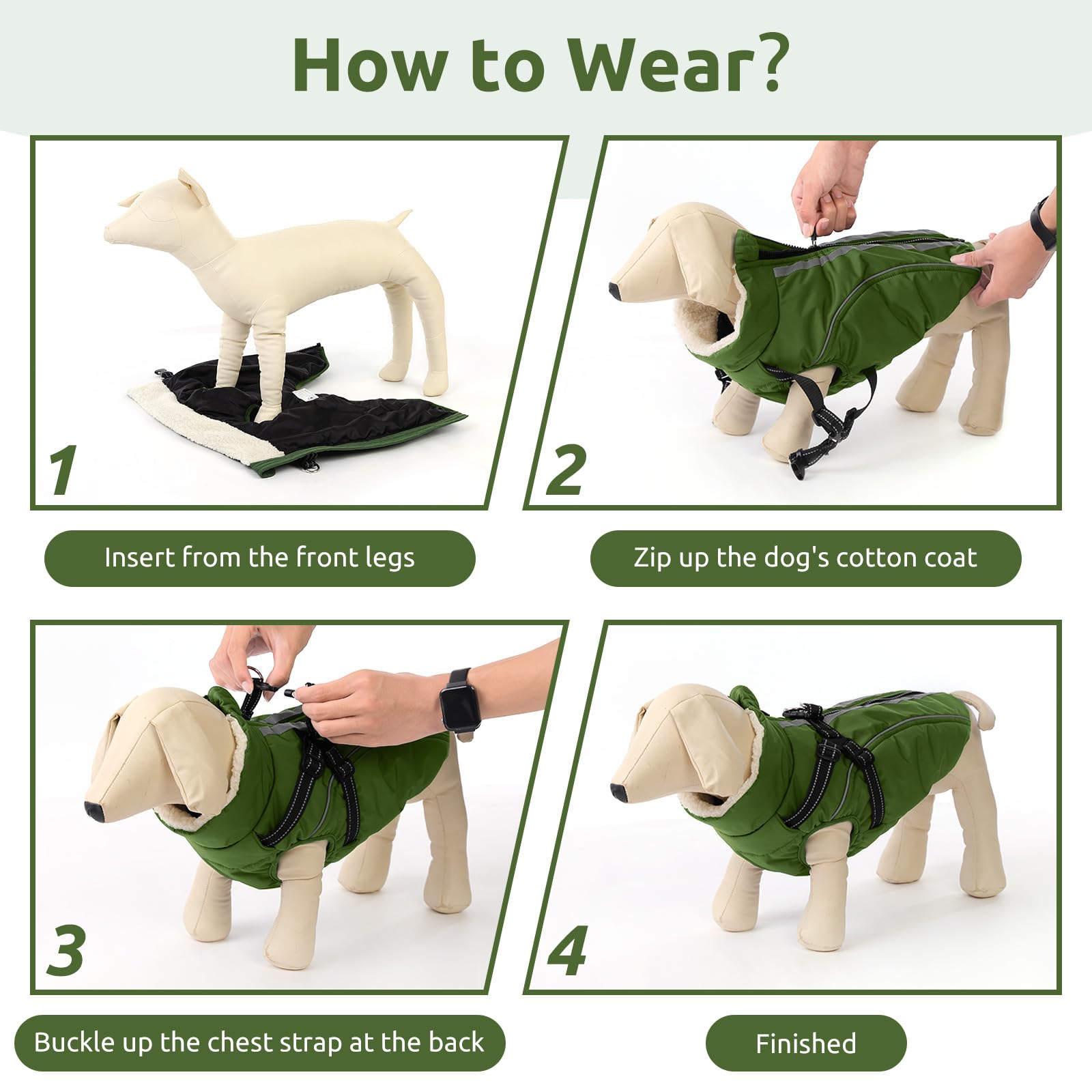 CITÉTOILE Abrigo Impermeable para Perro Antiviento - Chaleco Térmico de Invierno con Forro Polar, Chaqueta Reflectante para Mascotas con Cremallera y Rayas Seguras, Verde, XXL