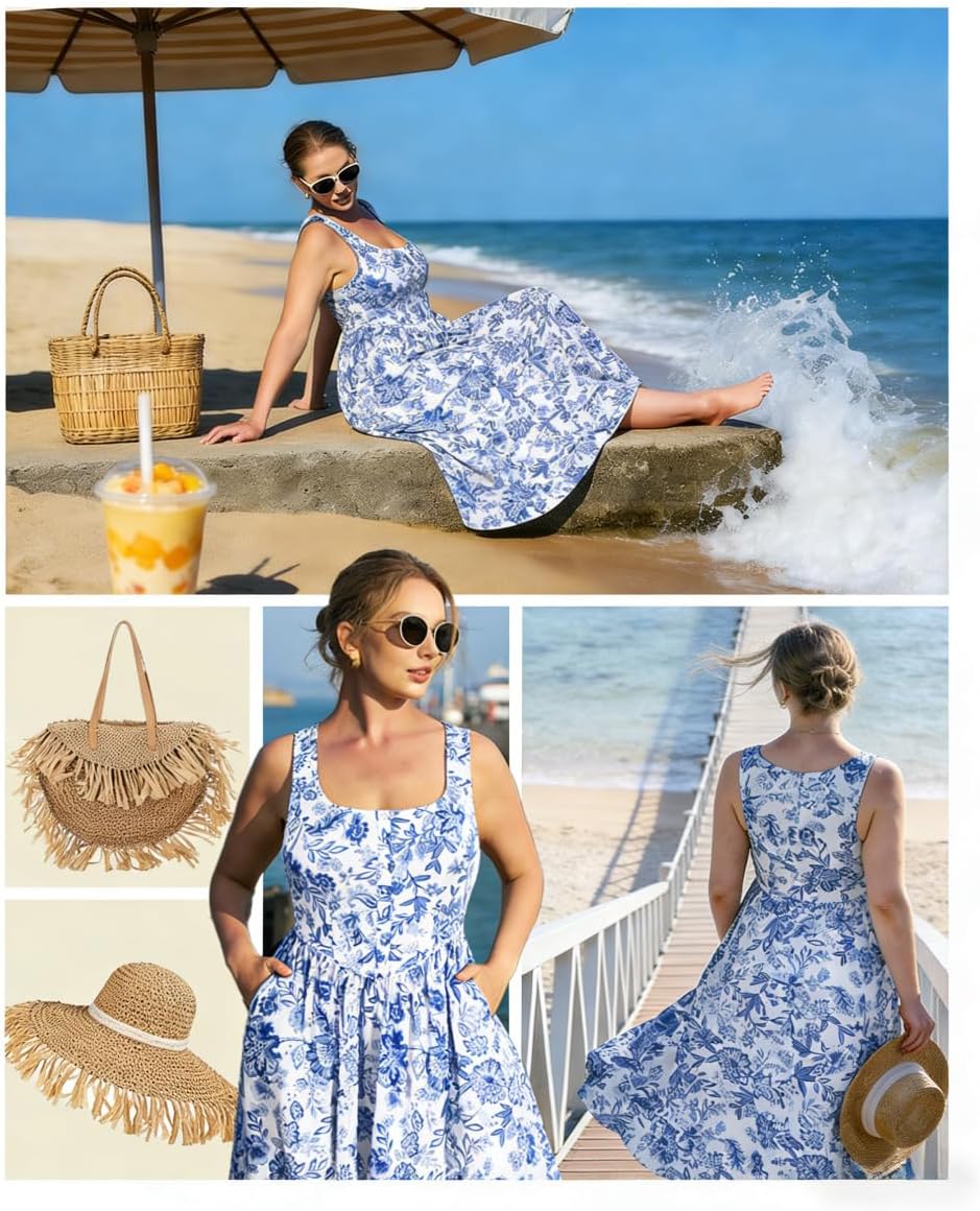 RITERA Plus Size Summer Dresses for Curvy Women Maxi Square Neck Sleeveless Casual Beach Sundress with Pockets, Flowy Dress