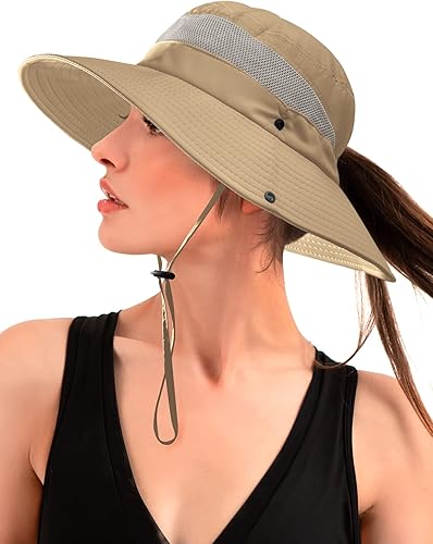 Sombrero de sol con dos agujeros para cola de caballo para mujer, protección UV, ala ancha, plegable, impermeable, para playa, pesca, safari, Varios