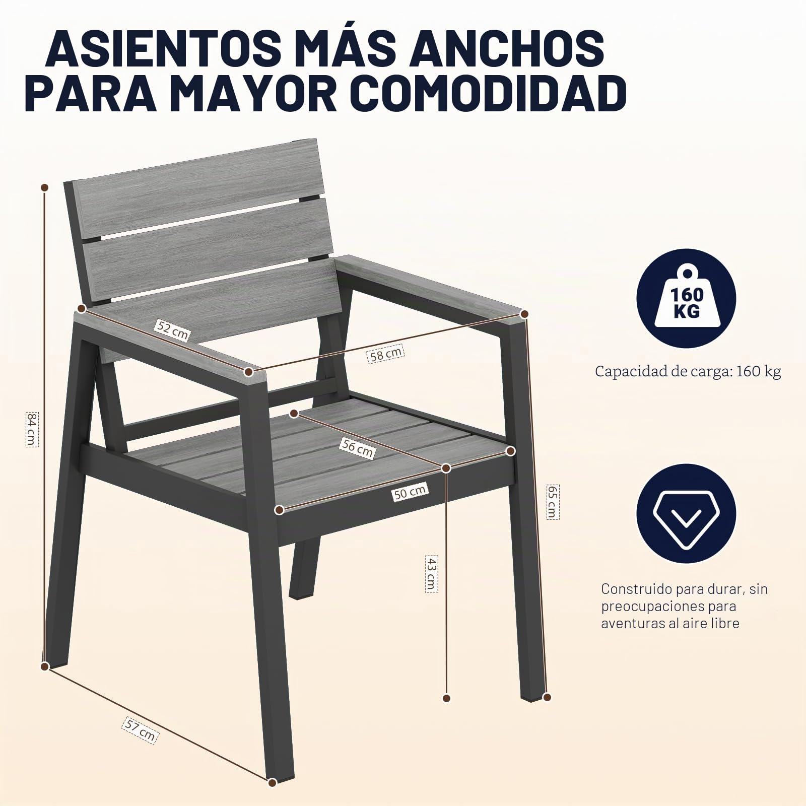 Devoko Juego de 2 sillas de jardín, Impermeables y duraderas, Acabado en Vetas de Madera, Estructura de Aluminio Mejorada, Asiento Amplio, soporta 160kg, fácil Limpieza, para Exterior.Gris
