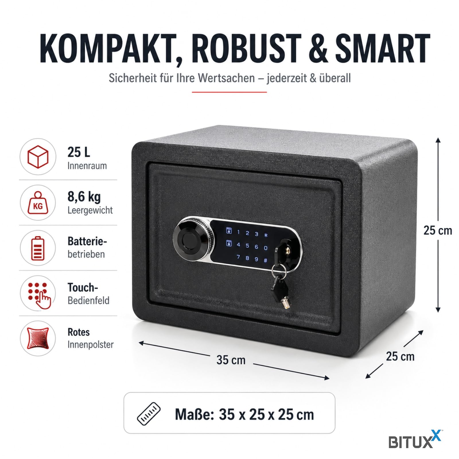 Bituxx Elektronischer Smart Tresor Safe Möbeltresor Wandtresor mini klein 25L mit Touch-Bedienfeld, PIN-Code & Schlüssel