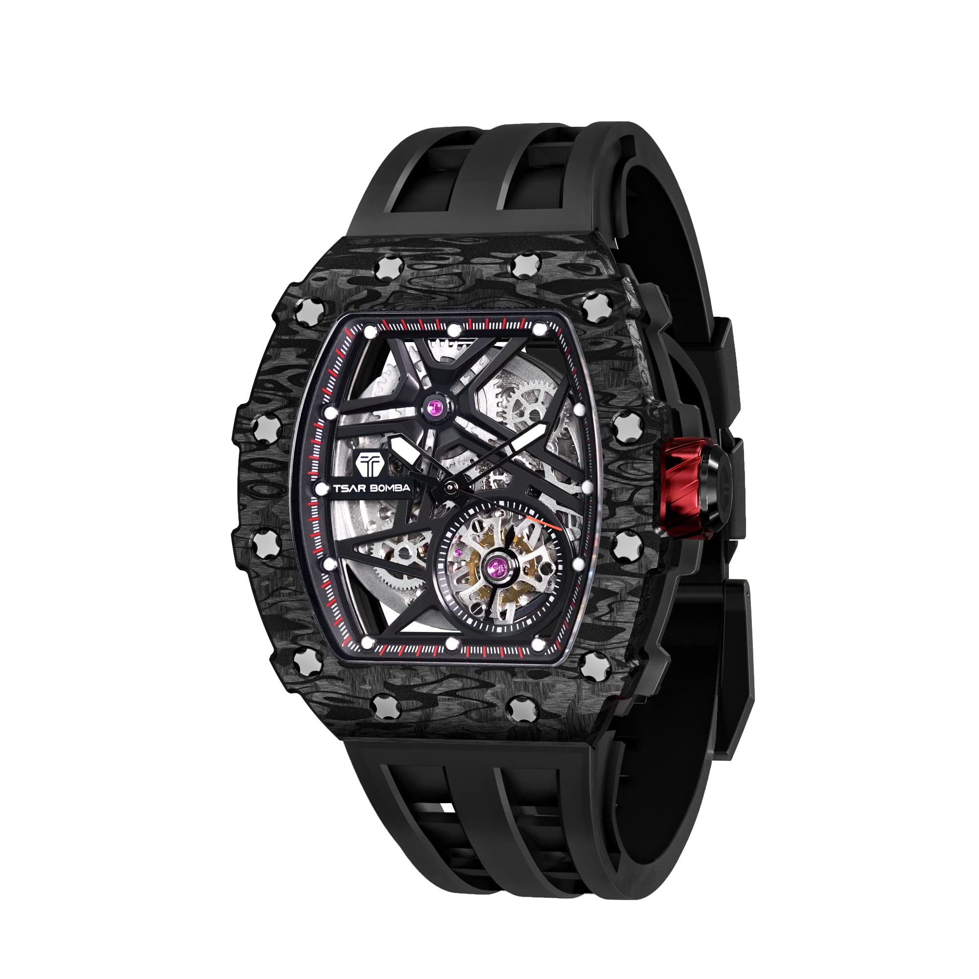 TSAR BOMBA Men's Automatic Watch Tonneau Luxury Skeleton Watches for Men 50M Waterproof Analog Wrok Mens Watches Unique Cool Silver Square Big Face Wristwatch Silicone Strap, CF Black, Automatic