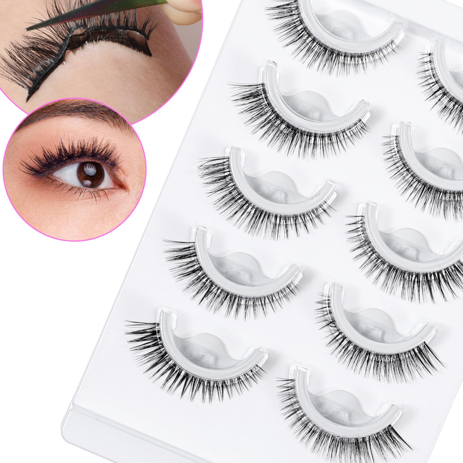 5 Paires Faux Cils Autoadhésifs Look Naturel Cil Pressés Sans Colle Réutilisables Pré-collés Imperméables Effet Œil de Chat Bandes de Cils 10-15mm