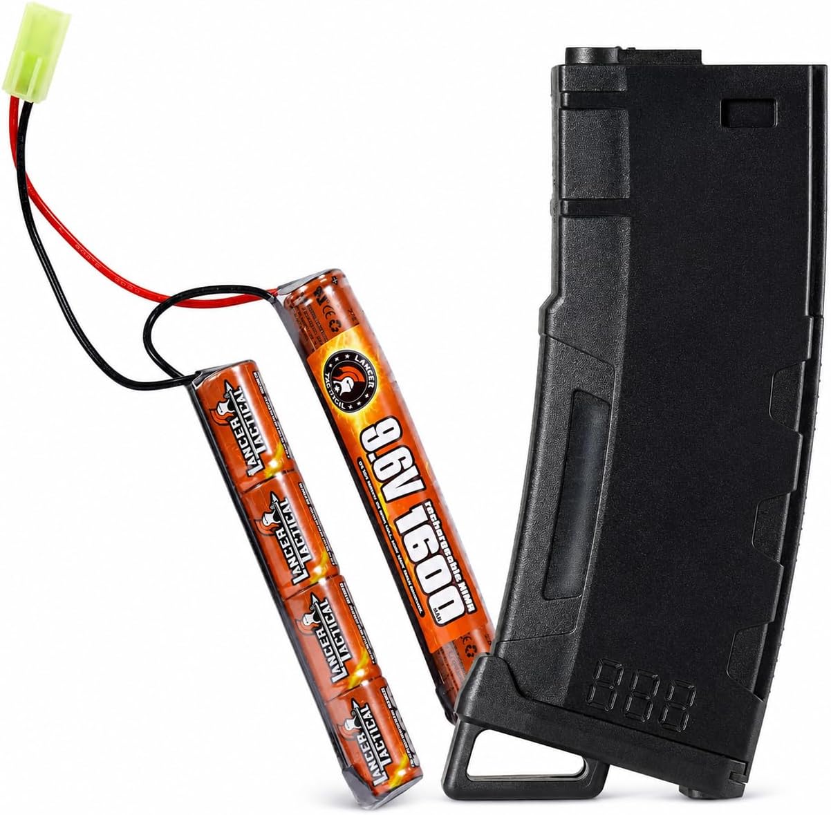 Lancer Tactical 9.6V 1600mAh NiMH Nunchuck Airsoft Battery + 130-Round Transparent Window Polymer MidCap Airsoft Mag Bundle